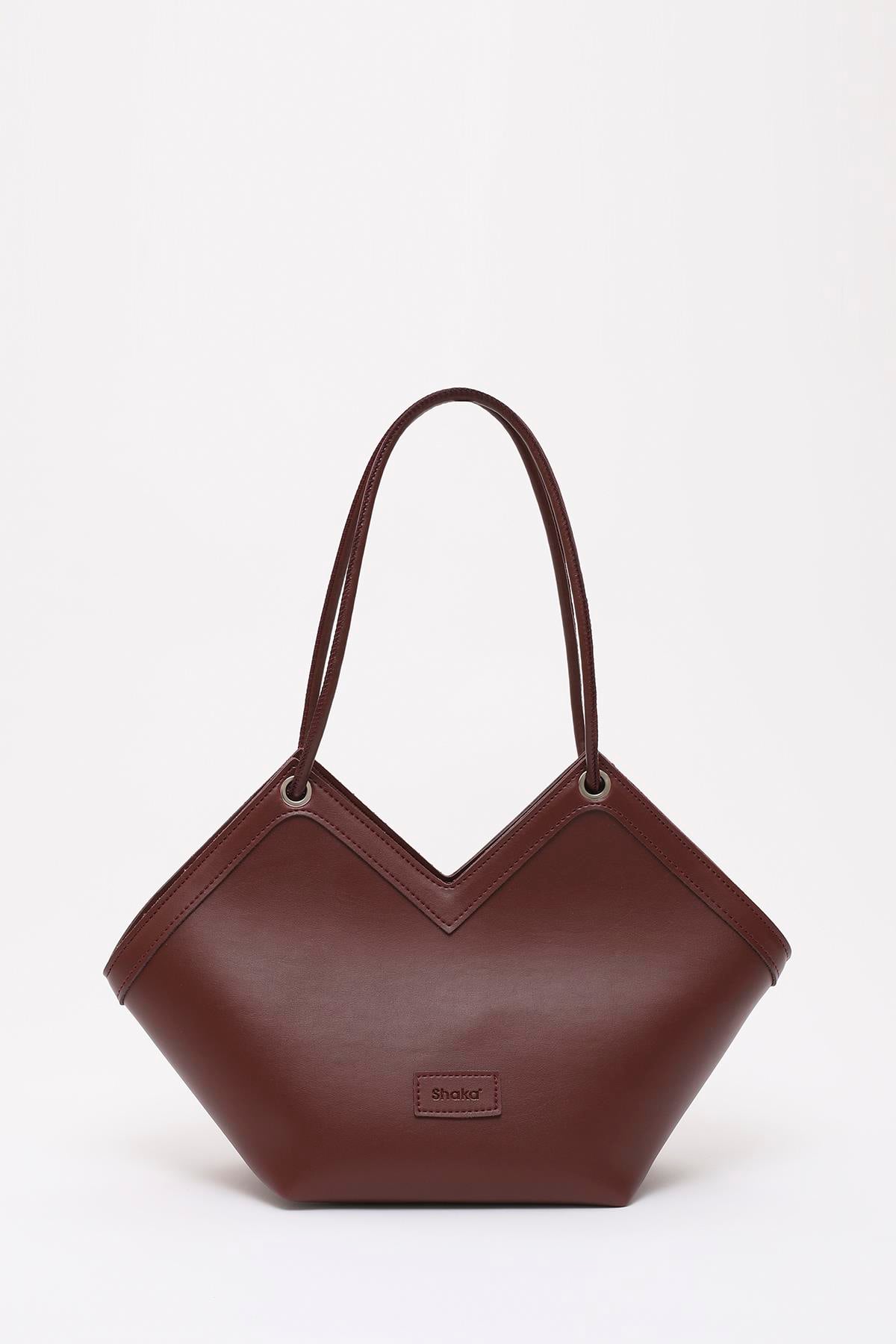 Bordo Shk164 Astarlı Asimetrik Kesim Tek Bölmeli Askılı Fermuarlı El, Kol ve Omuz Çantası U: 25 E:20 G:14 cm