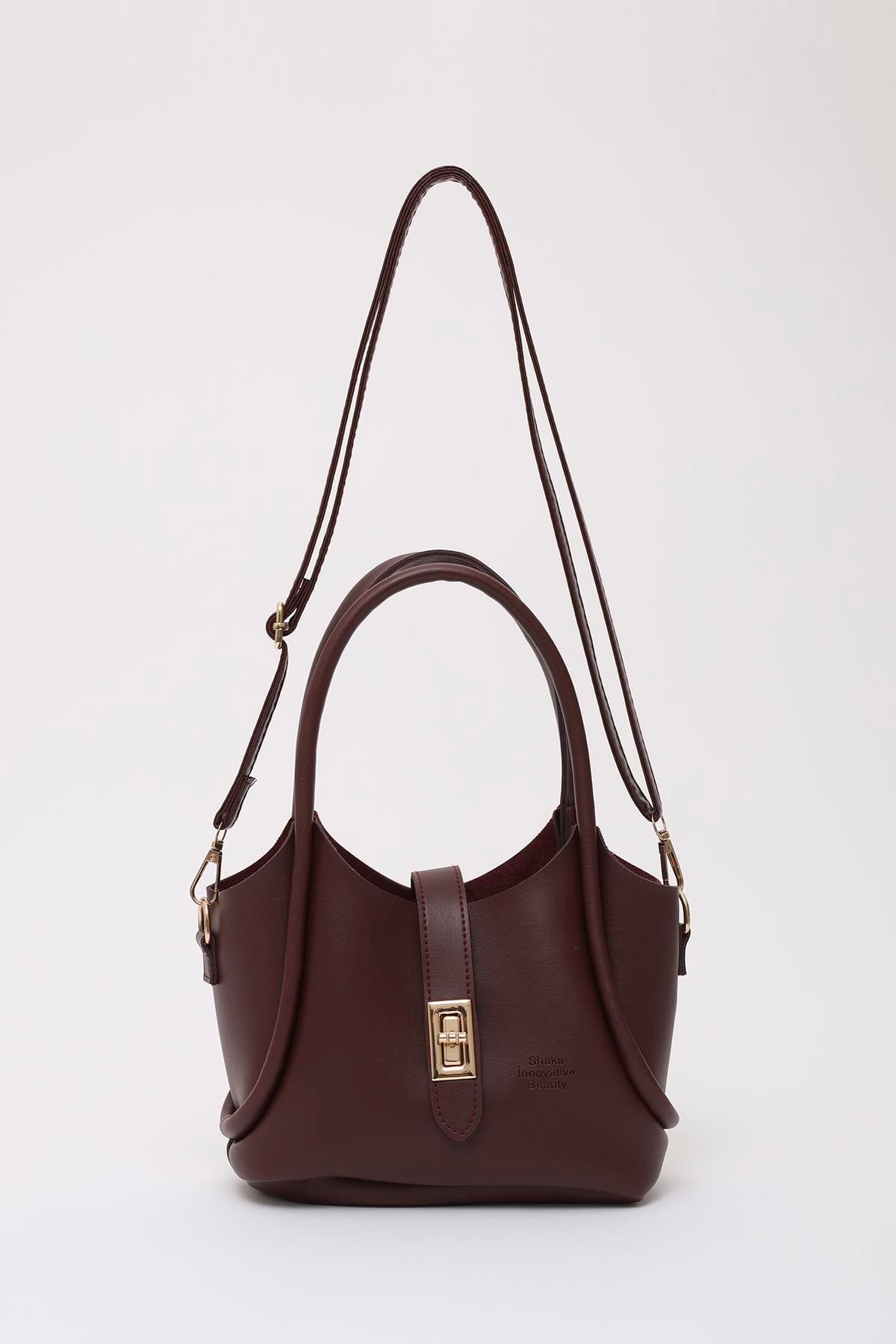 Bordo Shk187 Suni Deri Kilit Detaylı Ayarlabilir Askılı El,Kol ve Omuz Çantası U:14 E:20 G:7 cm