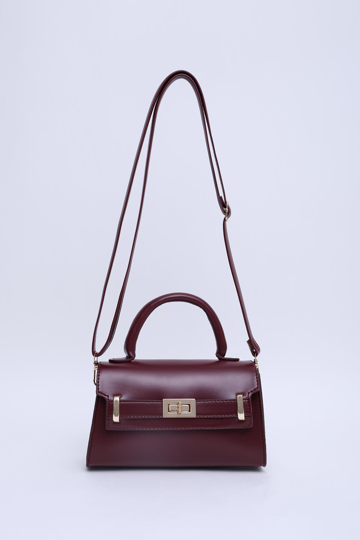 Bordo Shk188 Suni Deri Tek Bölmeli Kilit Detaylı Askılı El, Kol Ve Omuz Çantası U:11 E:19 G:6 Cm