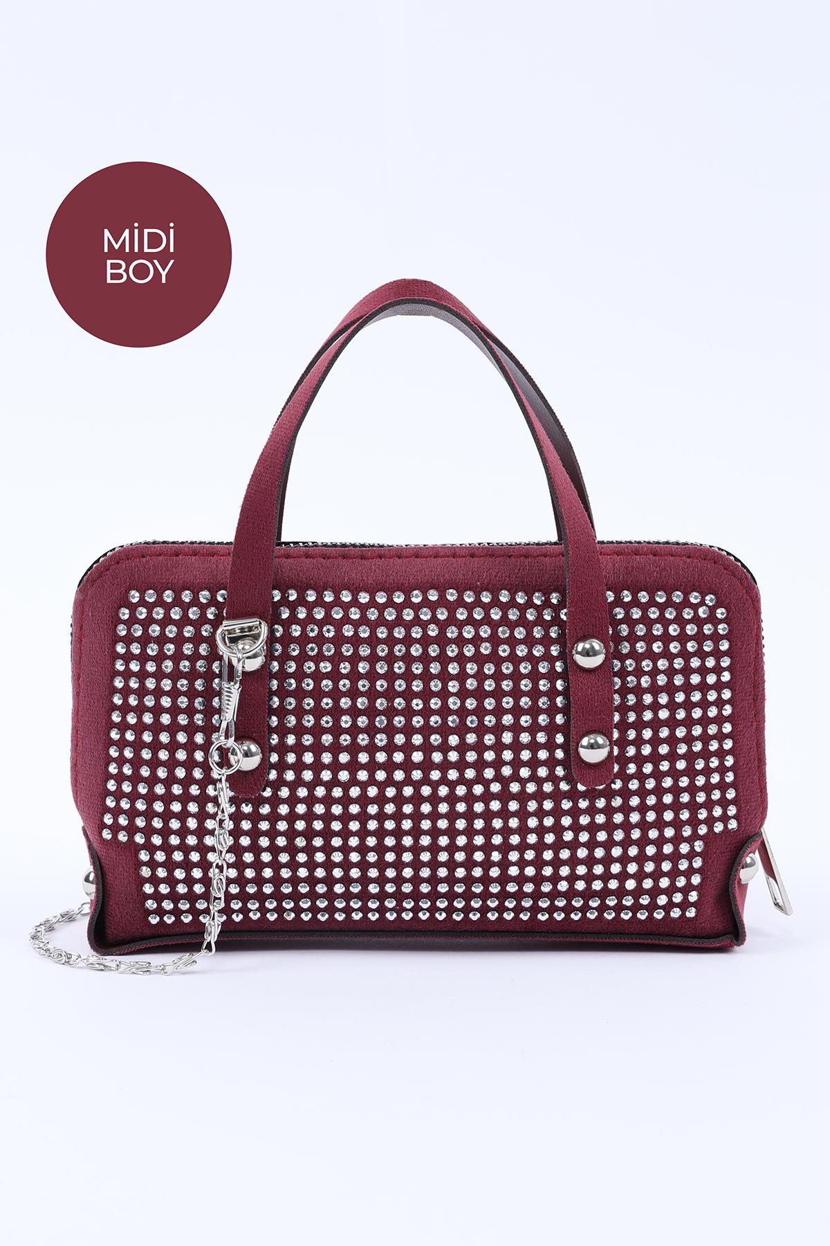 Bordo Shk223 Süet Kumaş Taşlı Mini Boy Fermuarlı Tek Bölmeli Zincirli El. Kol ve Omuz Çantası