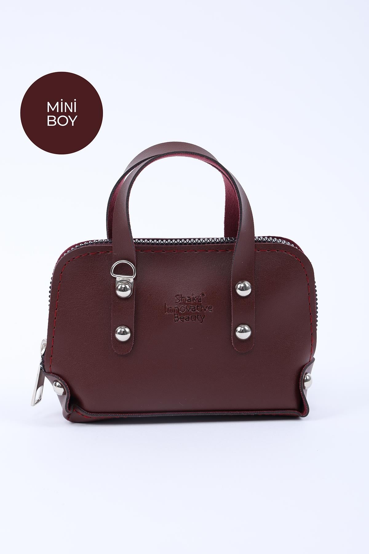 Bordo Shk224 Suni Deri Mini Boy Fermuarlı Tek Bölmeli Zincirli El. Kol ve Omuz Çantası