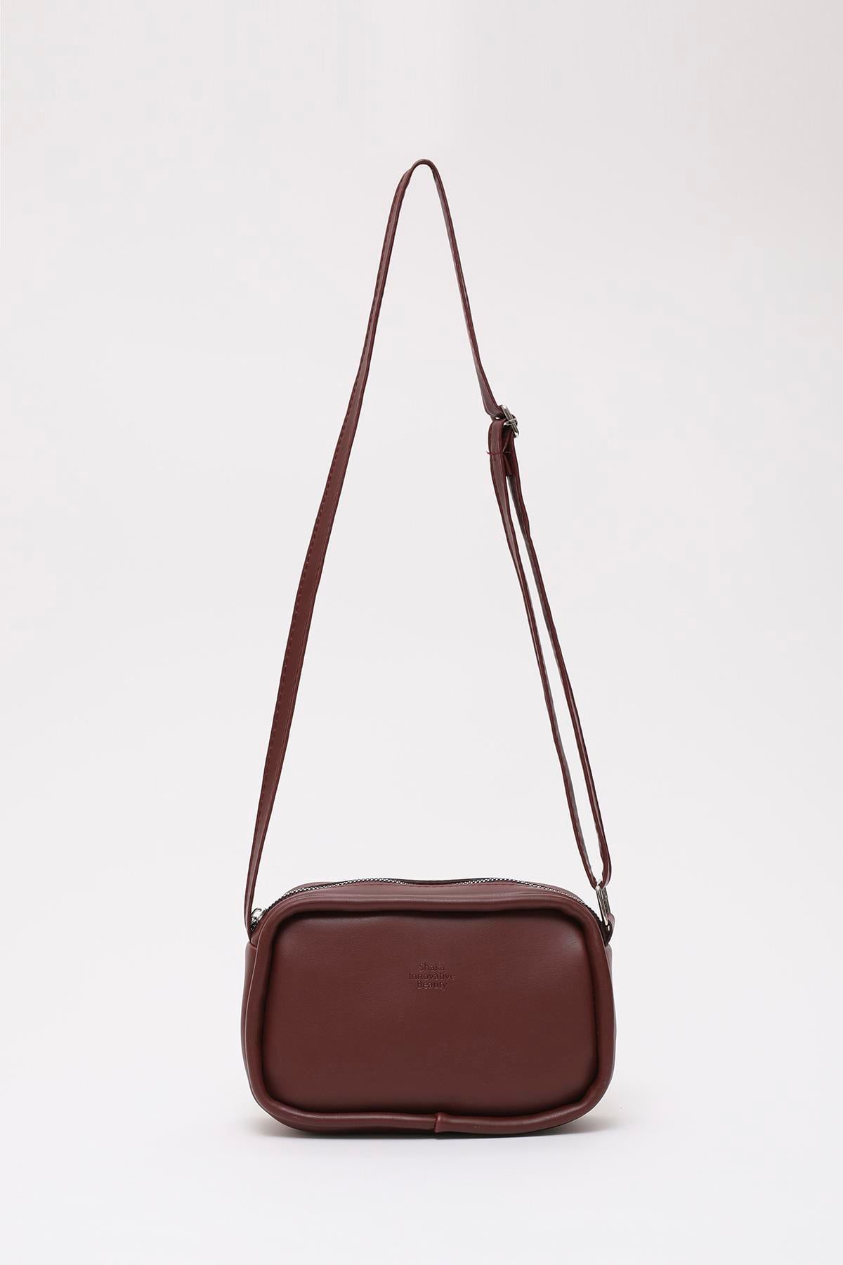 Bordo Shk62 Tek Bölmeli Suni Deri Ayarlanabilir Askılı Fermuarlı Çapraz Omuz Çantası U:15 E:21 G:7 cm