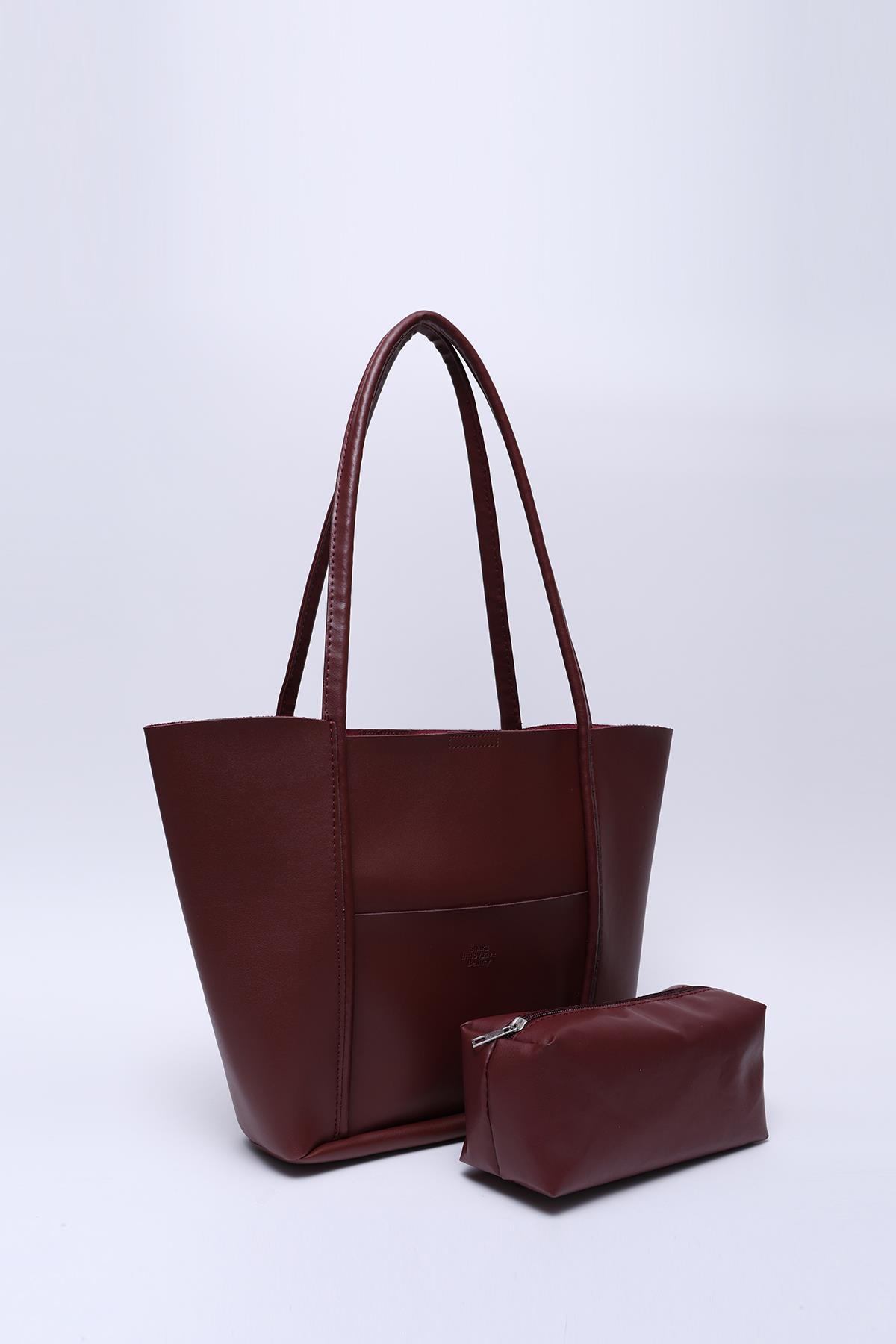 Bordo Shk80 Önü Cepli Çıtçıtlı Makyaj Çantalı Suni Deri Büyük Boy Kol ve Omuz Çantası U:26 E:40 G:8 cm
