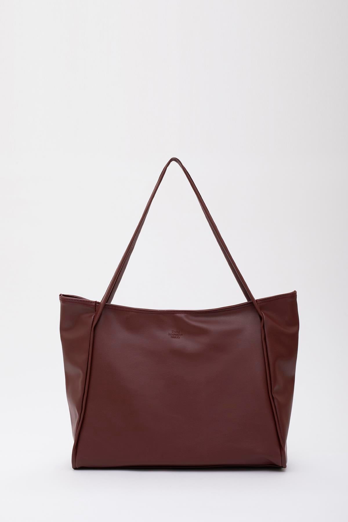 Bordo Shk90 Suni Deri İç Bölmeli Fermuarlı El, Kol Ve Omuz Shopper Çanta U:28 E:40 G:9