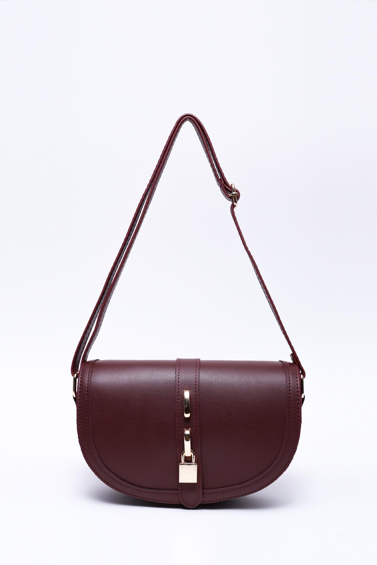 Bordo Shk92 Kilit Detaylı Suni Deri Tek Bölmeli Çıtçıtlı El, Kol ve Omuz Çantası U:15 E:25 G:6 cm