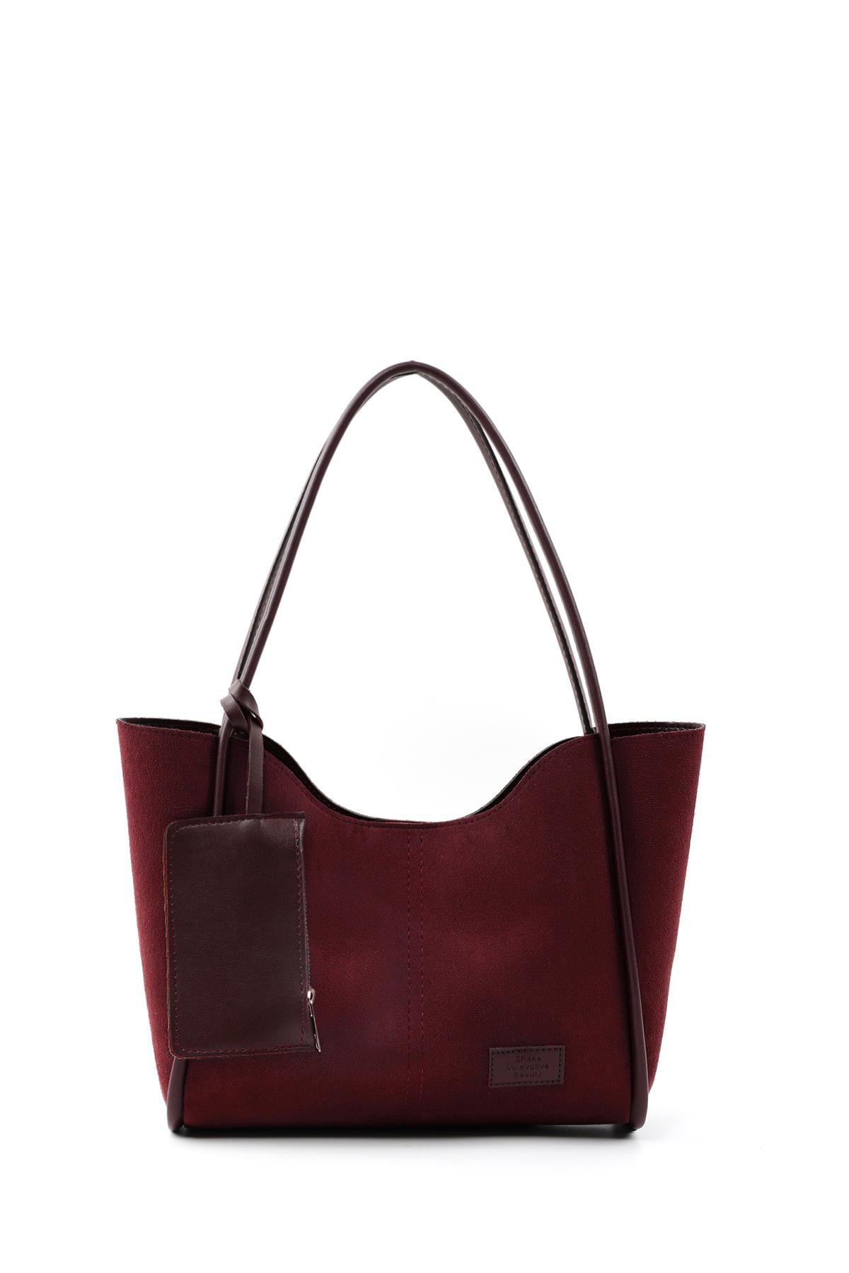 Bordo Süet Shk108 Çıtçıtlı Suni Deri Cüzdanlı Makyaj Çantalı Kadın El ve Omuz Çantası