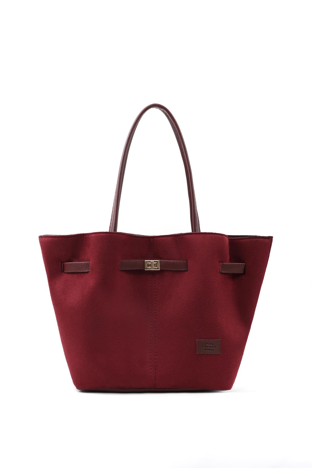 Bordo Süet Shk159 Suni Deri, Astarlı, Çıtçıtlı, Kilit Detaylı El, Kol ve Omuz Çantası
