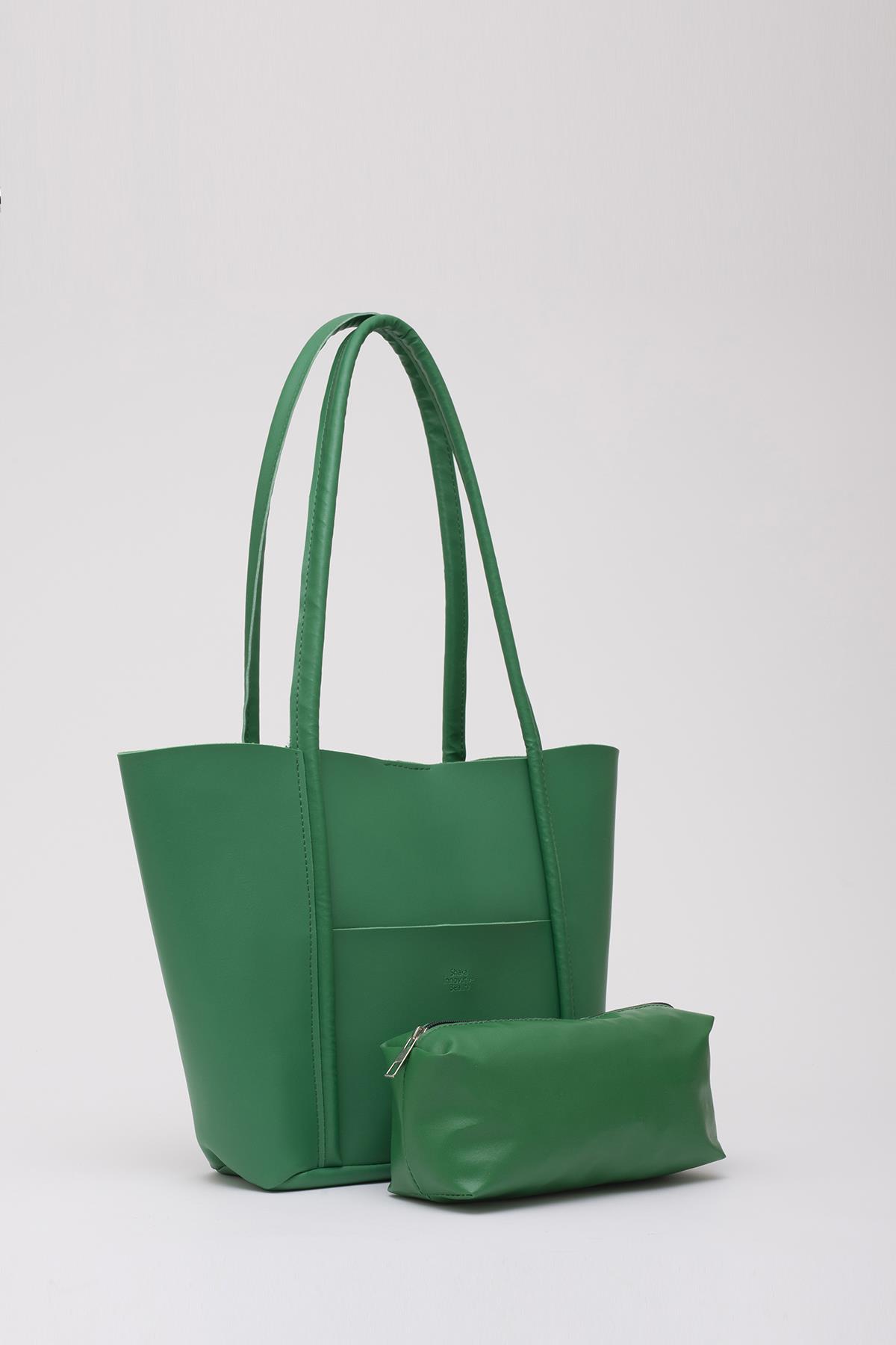Çimen Yeşili Shk80 Önü Cepli Çıtçıtlı Makyaj Çantalı Suni Deri Büyük Boy Kol ve Omuz Çantası U:26 E:40 G:8 cm