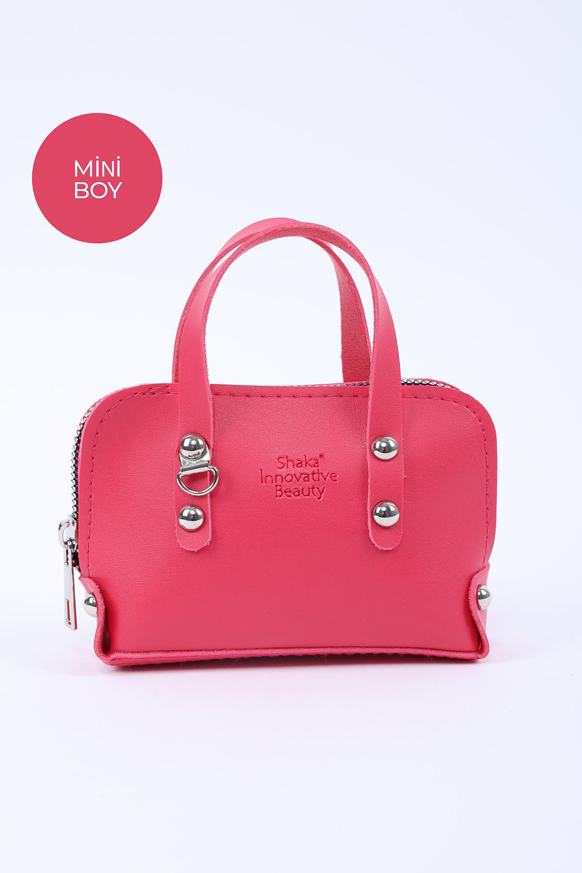 Fuşya Shk224 Suni Deri Mini Boy Fermuarlı Tek Bölmeli Zincirli El. Kol ve Omuz Çantası