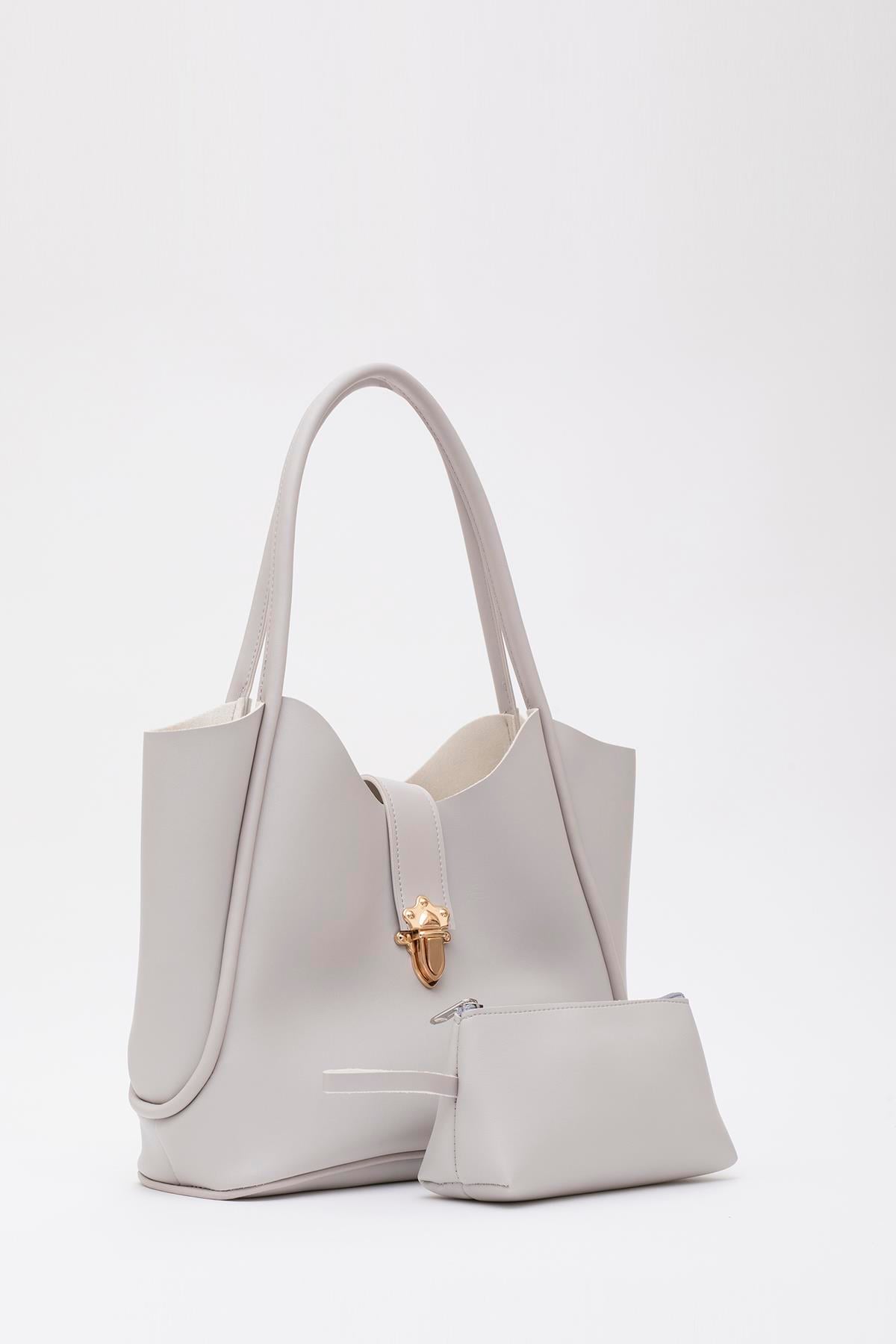 Gri Shk126 Suni Deri Kilit Detaylı Makyaj Çantalı El,Kol ve Omuz Çantası U:27 E:37 G:12 cm