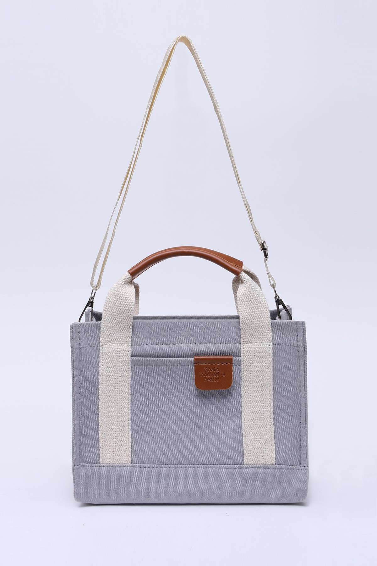 Gri Shk138 2 Bölmeli Kanvas Kumaş Ayarlanabilir Askılı Fermuarlı El, Kol ve Omuz Çantası U:17 G:24 E:10 cm