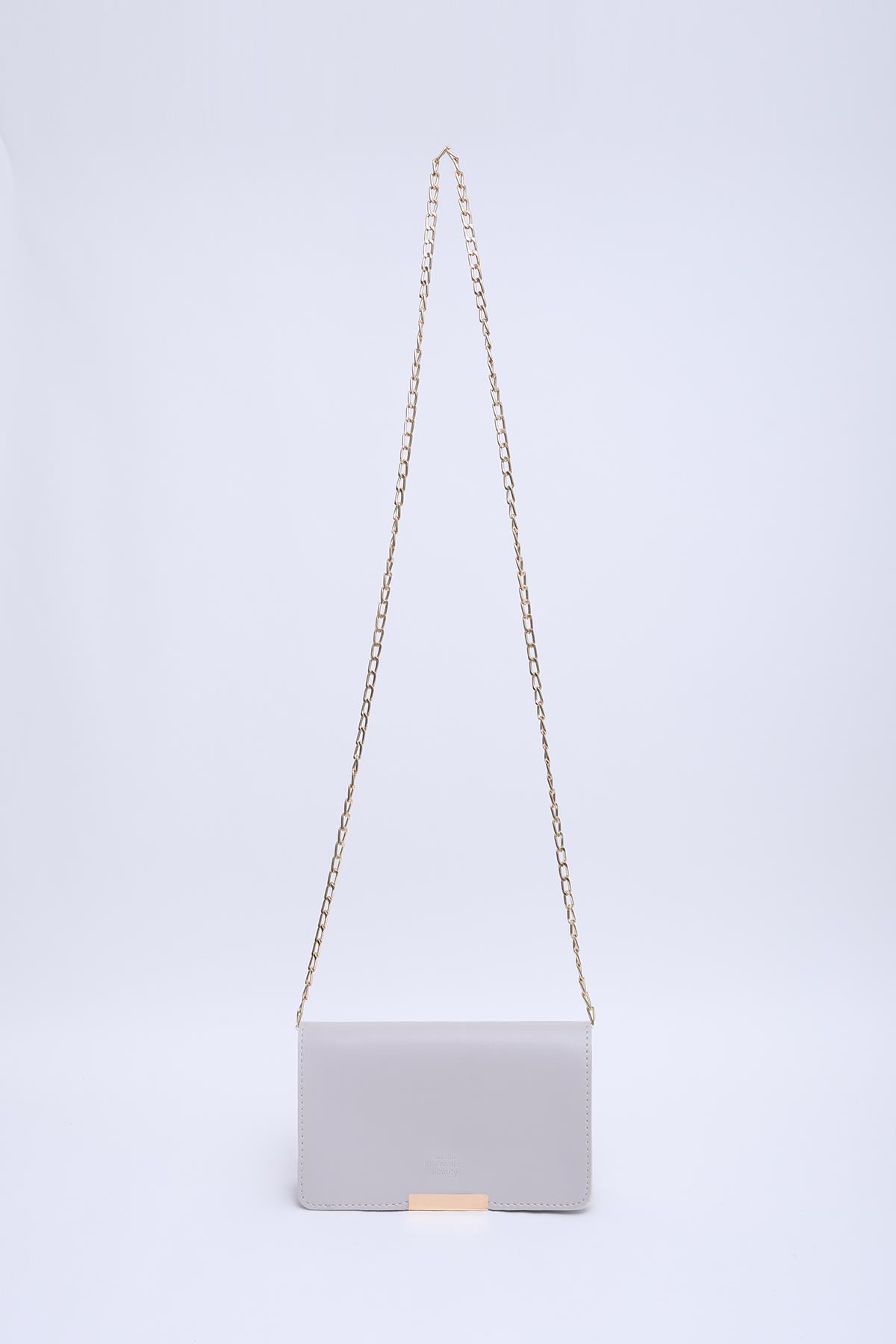 Gri SHK186 Suni Deri Tek Bölmeli Çıtçıtlı  Zincir Askılı El , Kol ve Omuz Çantası E:19 U:10 G:4 cm