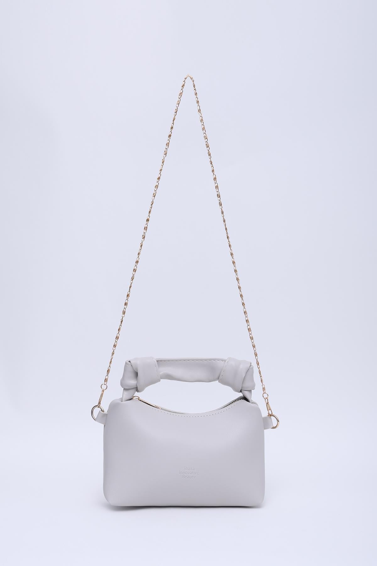 Gri Shk24 Orjinal Soft Deri Düğüm Detaylı Zincir Askılı El ve Omuz Çantası U:14 E:22 G:8 cm
