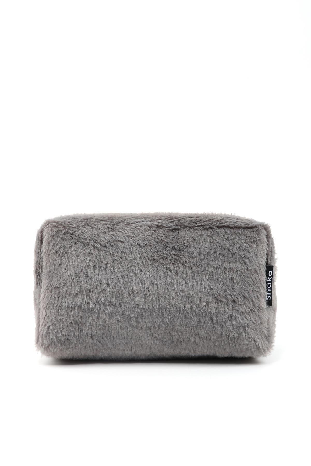 Gri SHK244 Peluş Kumaş ,Fermuarlı Tek Bölmeli ,Seyahat ve Makyaj Çantası