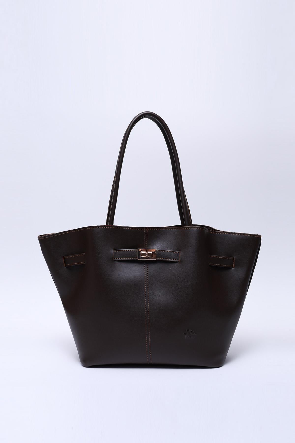 Kahve Rengi Shk159 Suni Deri, Astarlı, Çıtçıtlı, Kilit Detaylı El, Kol ve Omuz Çantası U:25 E:40 G:10 cm