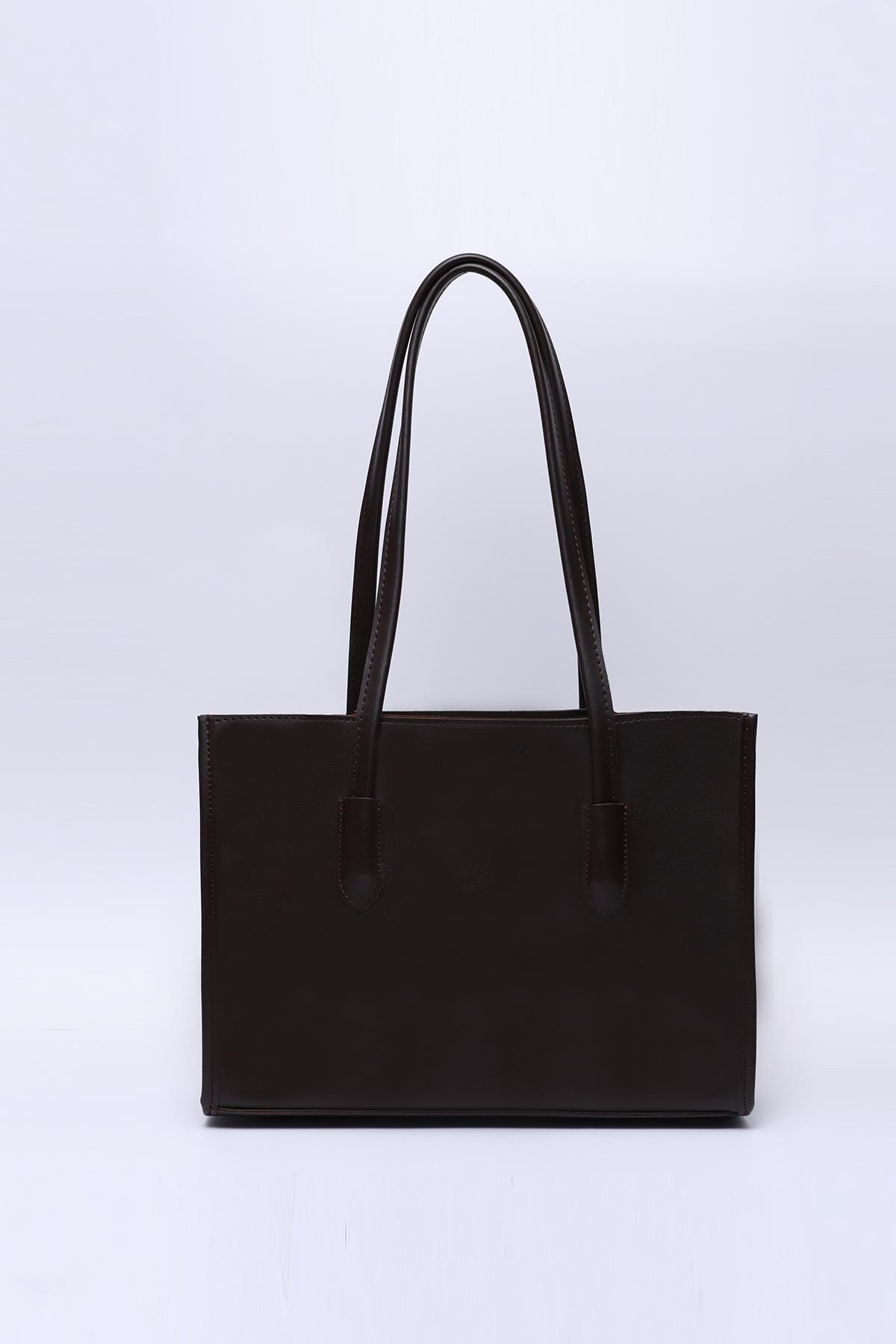 Kahve Rengi Shk173 Suni Deri, Tek Bölmeli, Fermuarlı, Makyaj Çantalı El, Kol ve Omuz Çantası U:24 E:34 G:13 Cm