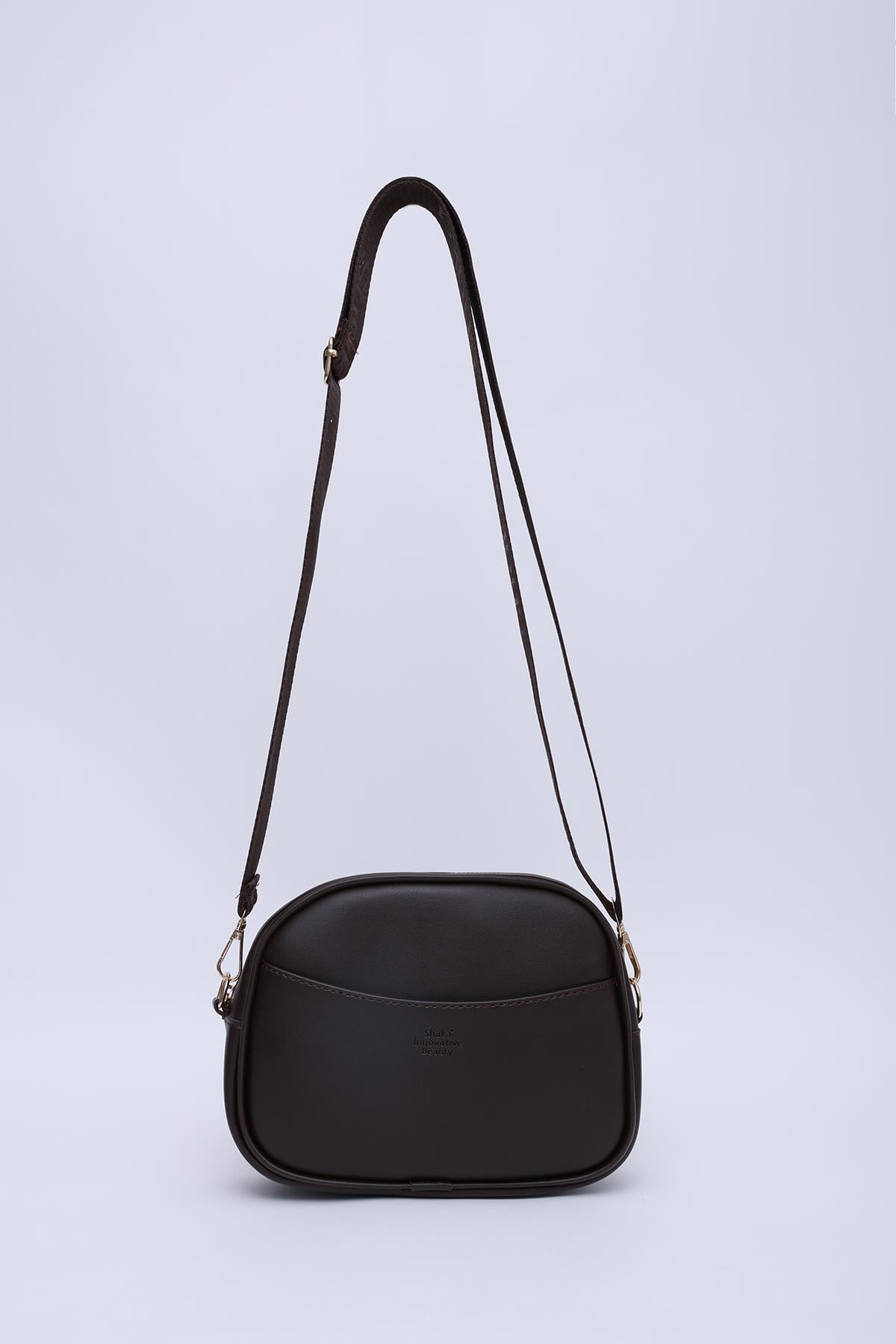 Kahve Rengi SHK194 Suni Deri 2 Bölmeli Fermuarlı Ayarlanabilir Kolon Askılı Omuz Çantası U:16 E:21 G:6 cm