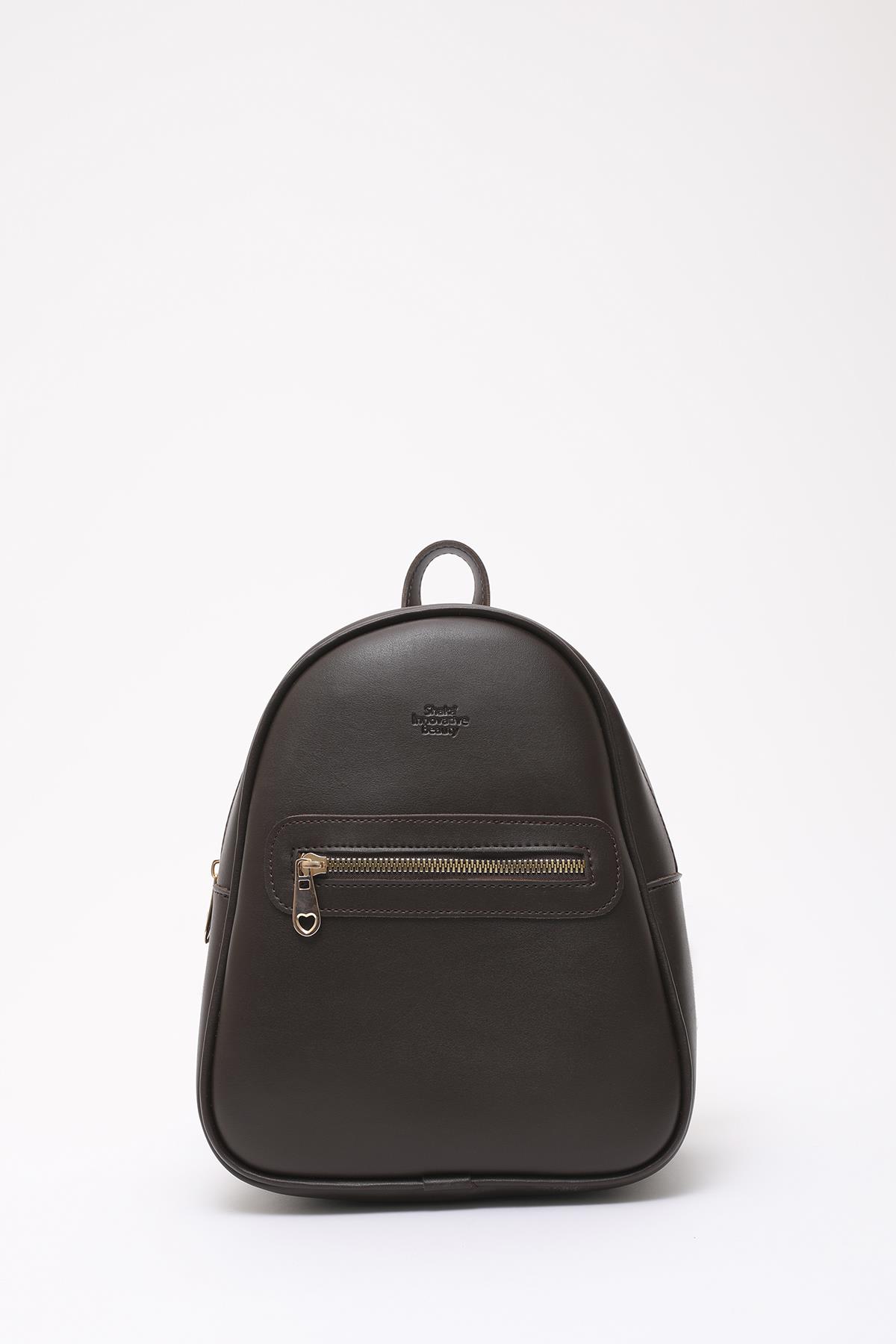 Kahve Rengi Shk200 Suni Deri 2 Bölmeli Fermuarlı Yazılı Kolon Askılı Sırt Çantası U:26 E:22 G:9 cm