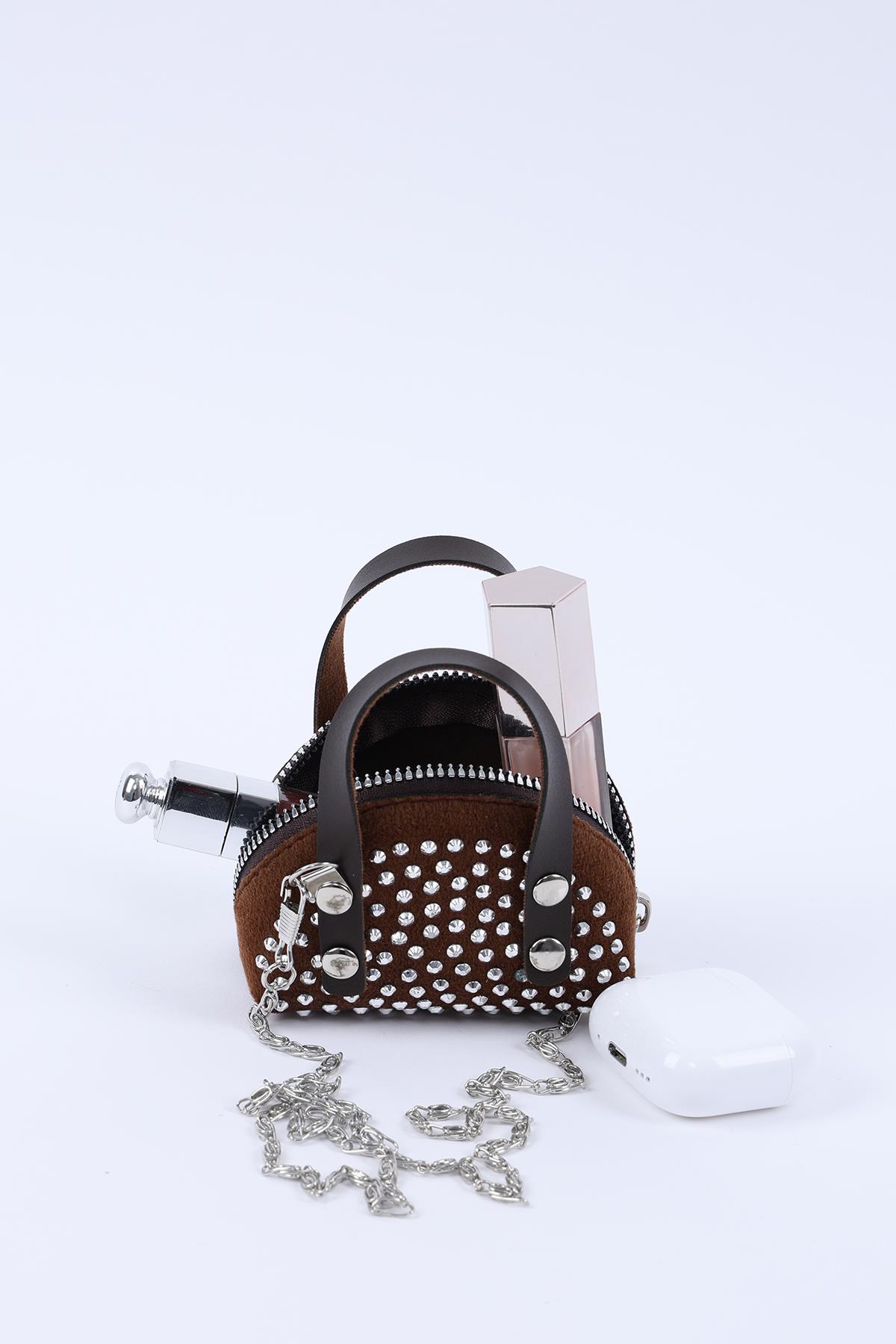 Kahve Rengi Shk220 Süet Kumaş, Tek Bölmeli, Zincir Askılı,Fermuarlı, Taşlı, Mini El Ve Omuz Çantası