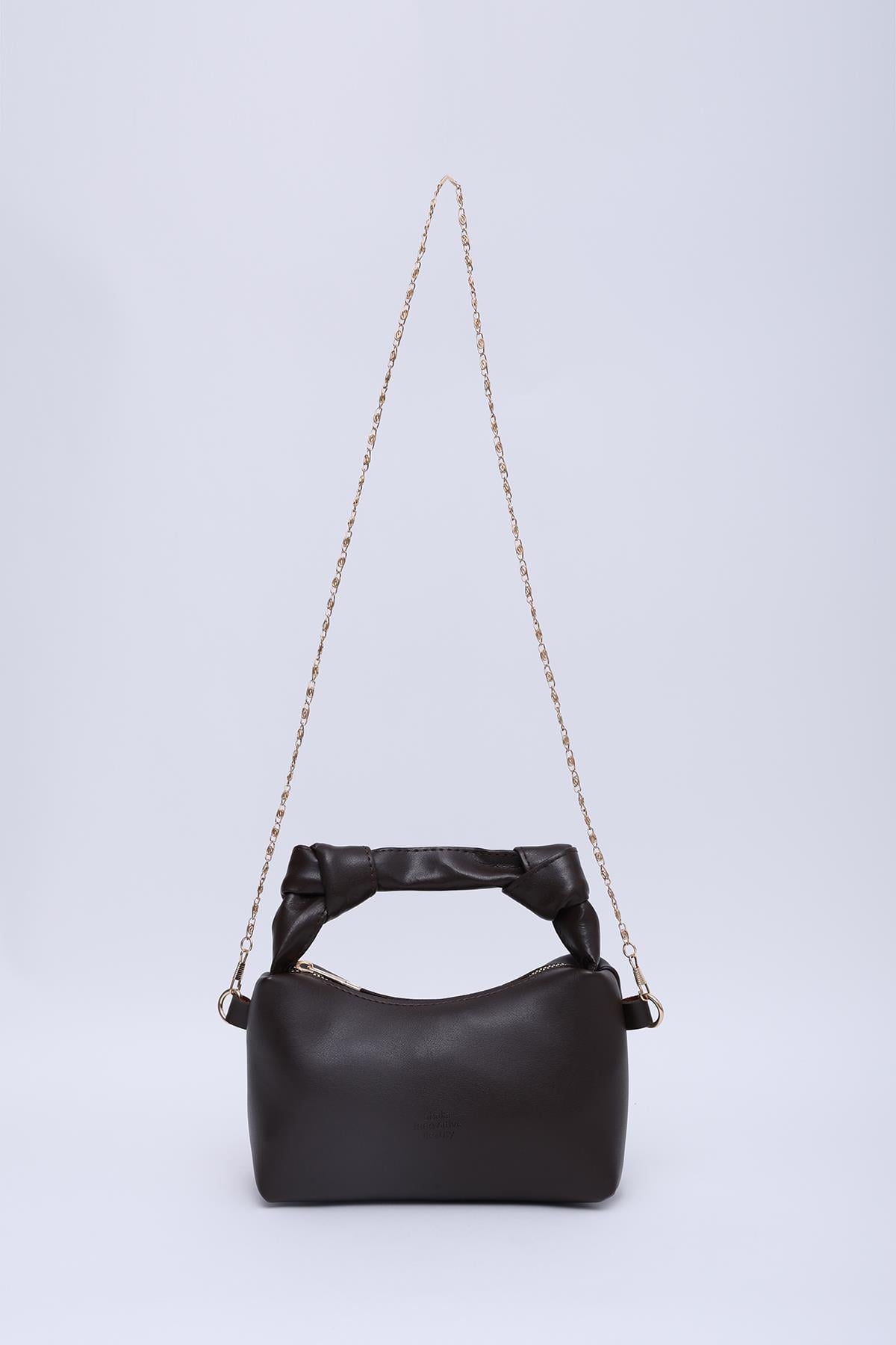 Kahve Rengi Shk24 Orjinal Soft Deri Düğüm Detaylı Zincir Askılı El ve Omuz Çantası U:14 E:22 G:8 cm