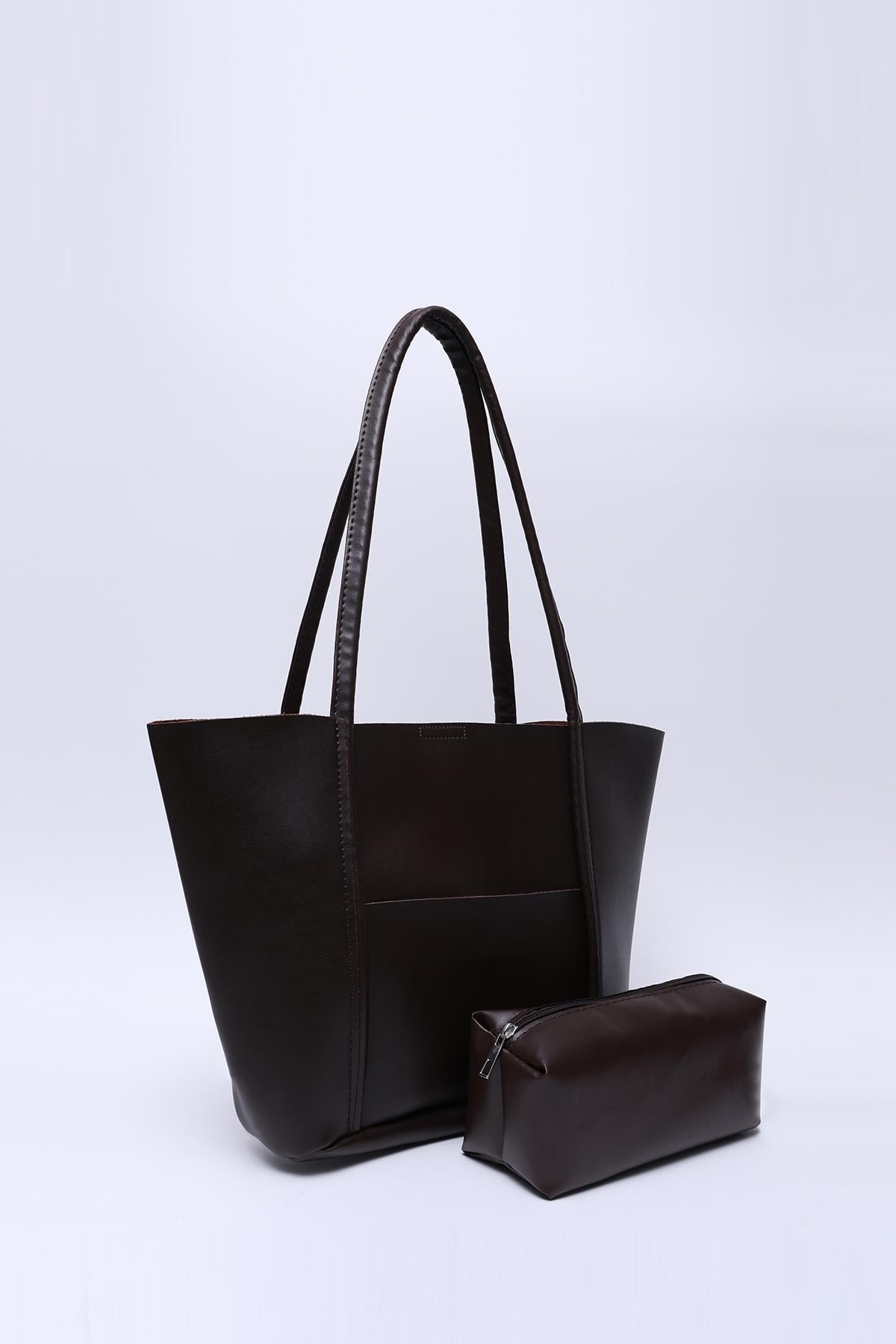 Kahve Rengi Shk80 Önü Cepli Çıtçıtlı Makyaj Çantalı Suni Deri Büyük Boy Kol ve Omuz Çantası U:26 E:40 G:8 cm