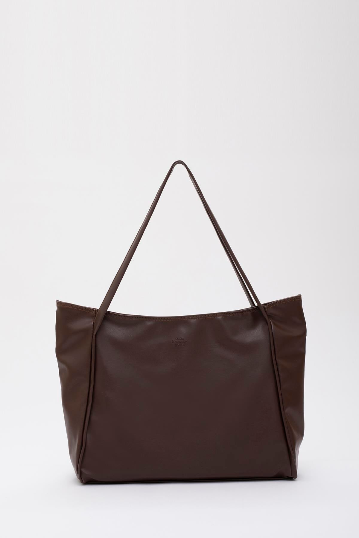 Kahve Rengi Shk90 Suni Deri İç Bölmeli Fermuarlı El, Kol Ve Omuz Shopper Çanta U:28 E:40 G:9