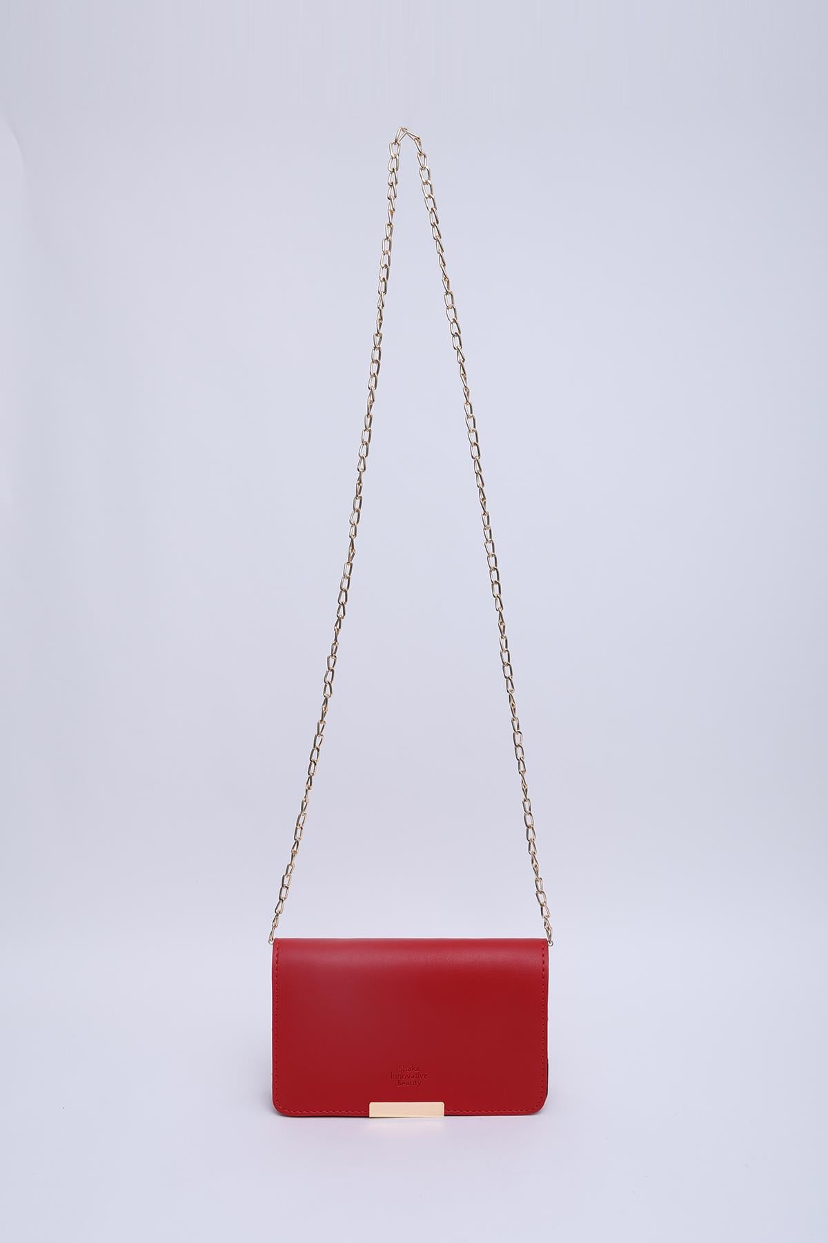 Kırmızı SHK186 Suni Deri Tek Bölmeli Çıtçıtlı  Zincir Askılı El , Kol ve Omuz Çantası E:19 U:10 G:4 cm