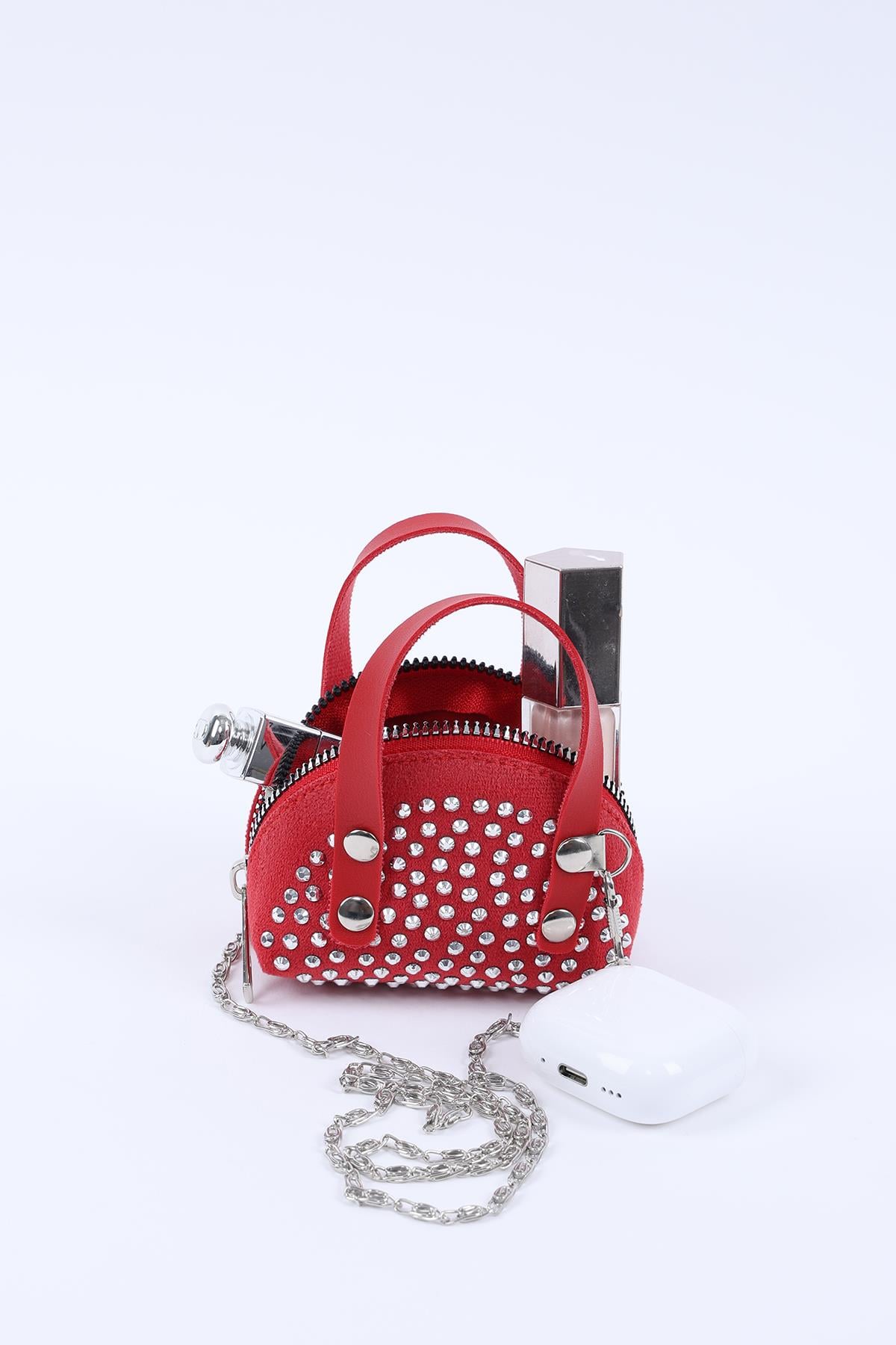 Kırmızı Shk220 Süet Kumaş, Tek Bölmeli, Zincir Askılı,Fermuarlı, Taşlı, Mini El Ve Omuz Çantası