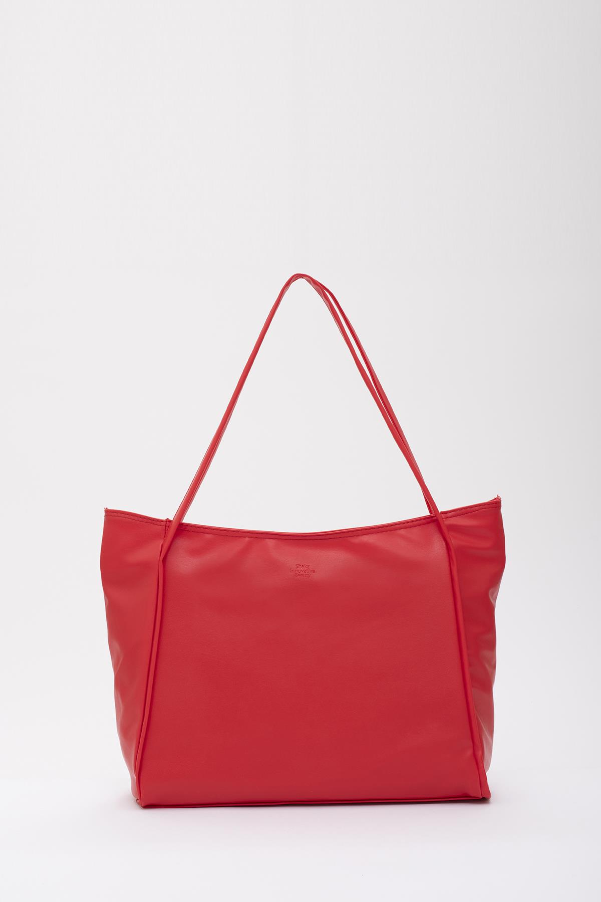 Kırmızı Shk90 Suni Deri İç Bölmeli Fermuarlı El, Kol Ve Omuz Shopper Çanta U:28 E:40 G:9