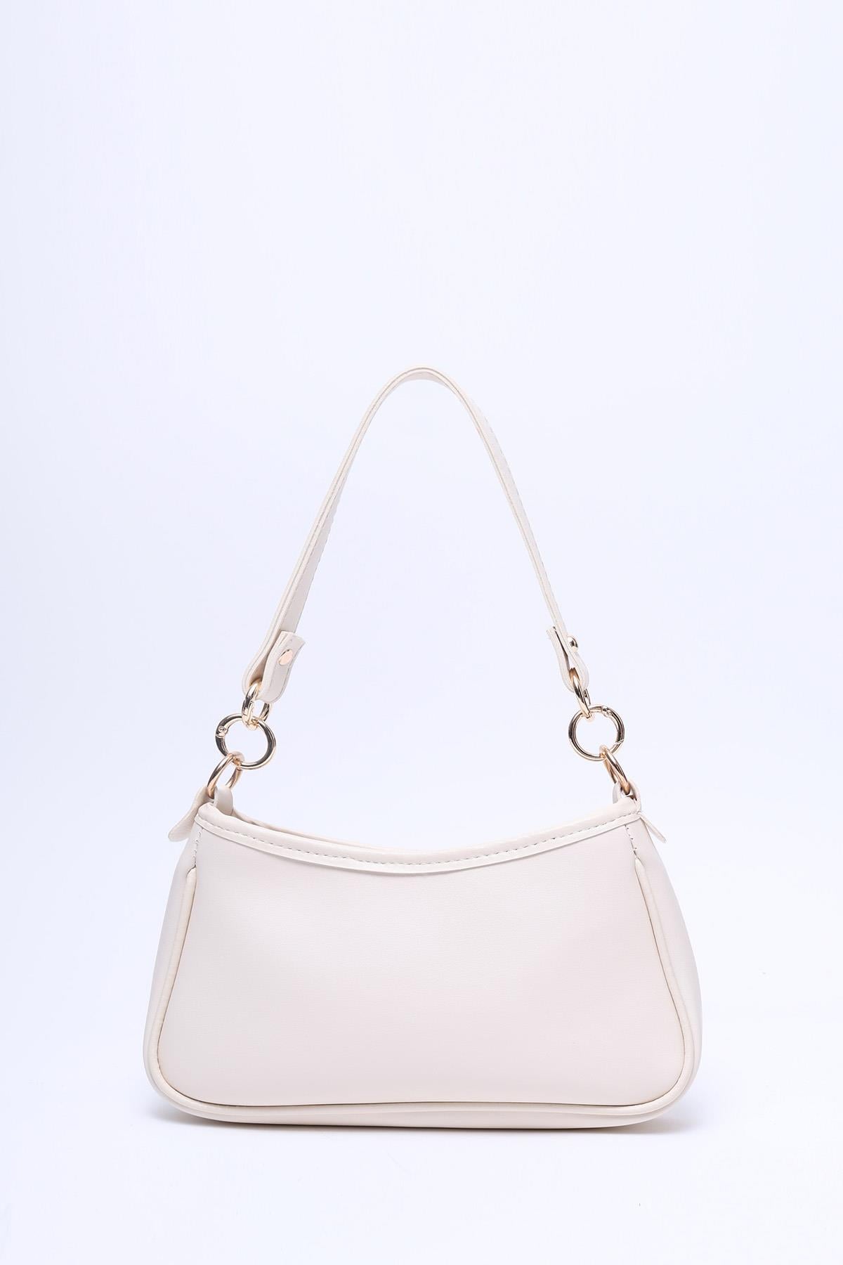 Krem Shk113 Suni Deri Astarlı Fermuarlı Ayarlanabilir Askılı El, Kol ve Omuz Çantası U:13 E:23 G:6 cm