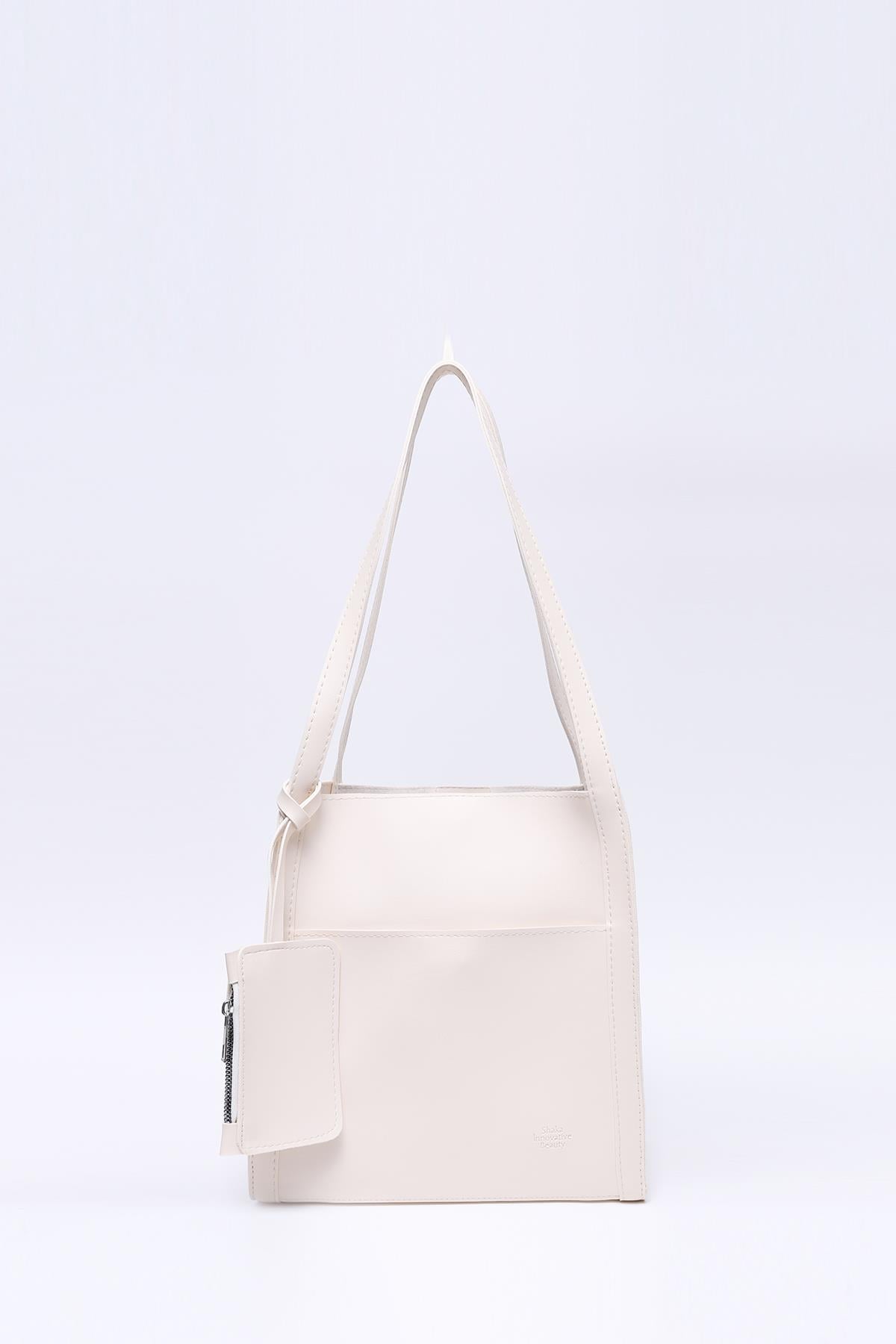 Krem Shk123 Suni Deri, Çıtçıtlı, İki Bölmeli, Cüzdanlı, Makyaj Çantalı, Askılı, El, Kol ve Omuz Çantası U:27 E:27 G:14 cm