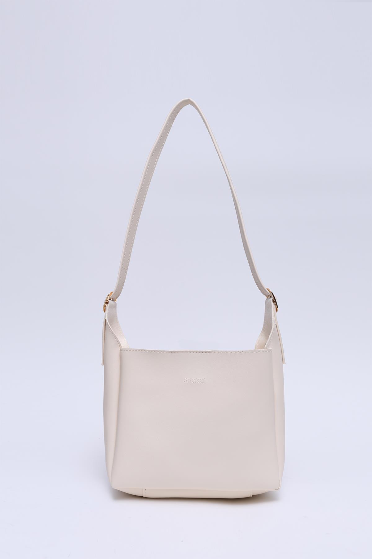 Krem Shk158 Suni Deri Tek Bölmeli Askılı Çıtçıtlı Çapraz Kol ve Omuz Çantası U:19 E:22 G:9 cm