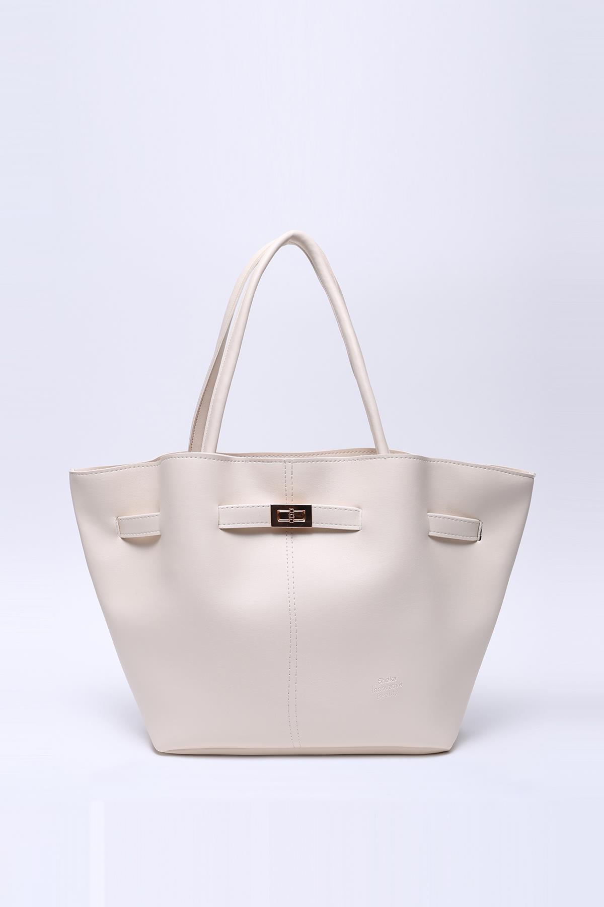 Krem Shk159 Suni Deri, Astarlı, Çıtçıtlı, Kilit Detaylı El, Kol ve Omuz Çantası U:25 E:40 G:10 cm