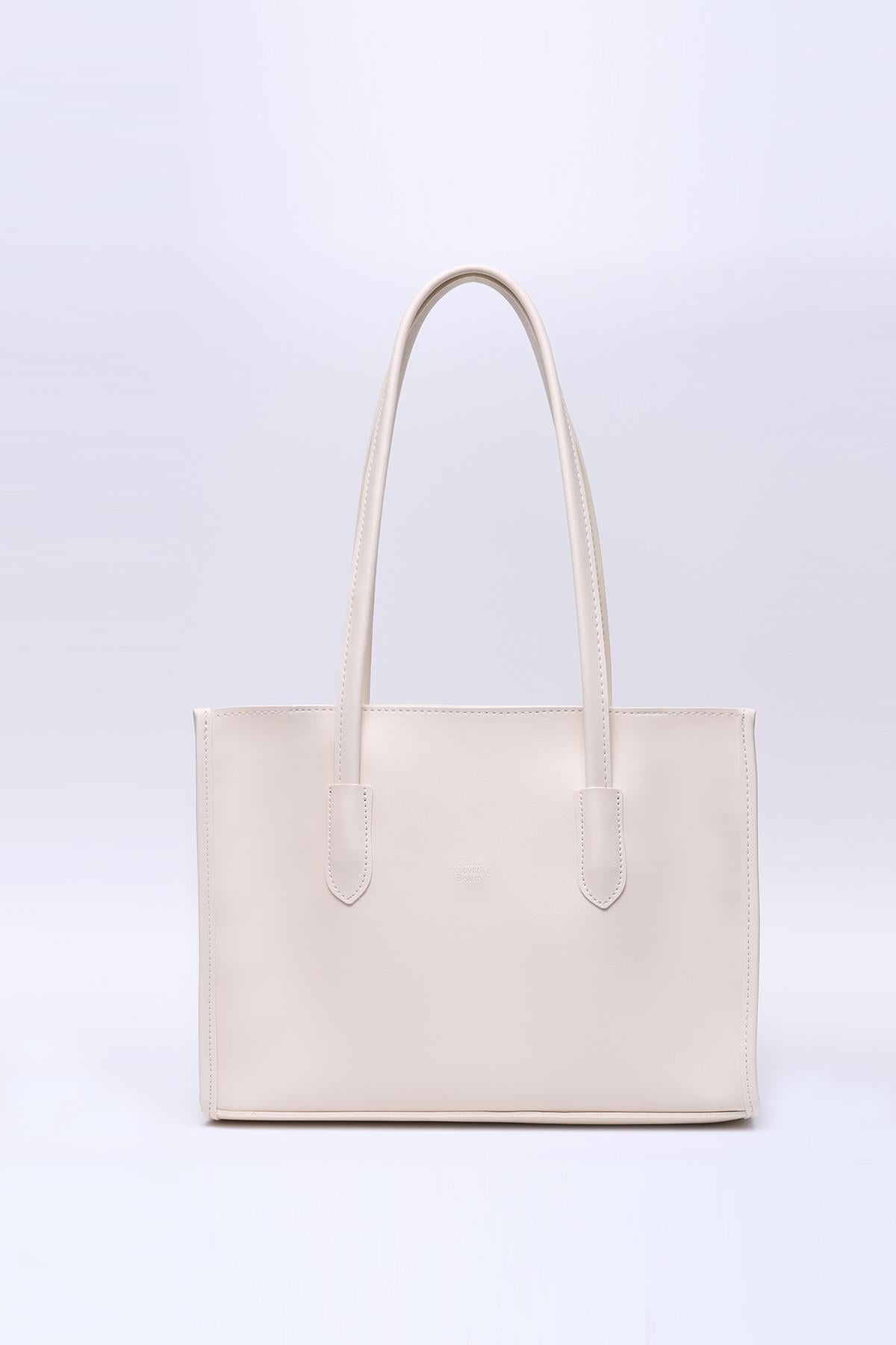 Krem Shk173 Suni Deri, Tek Bölmeli, Fermuarlı, Makyaj Çantalı El, Kol ve Omuz Çantası U:24 E:34 G:13 Cm