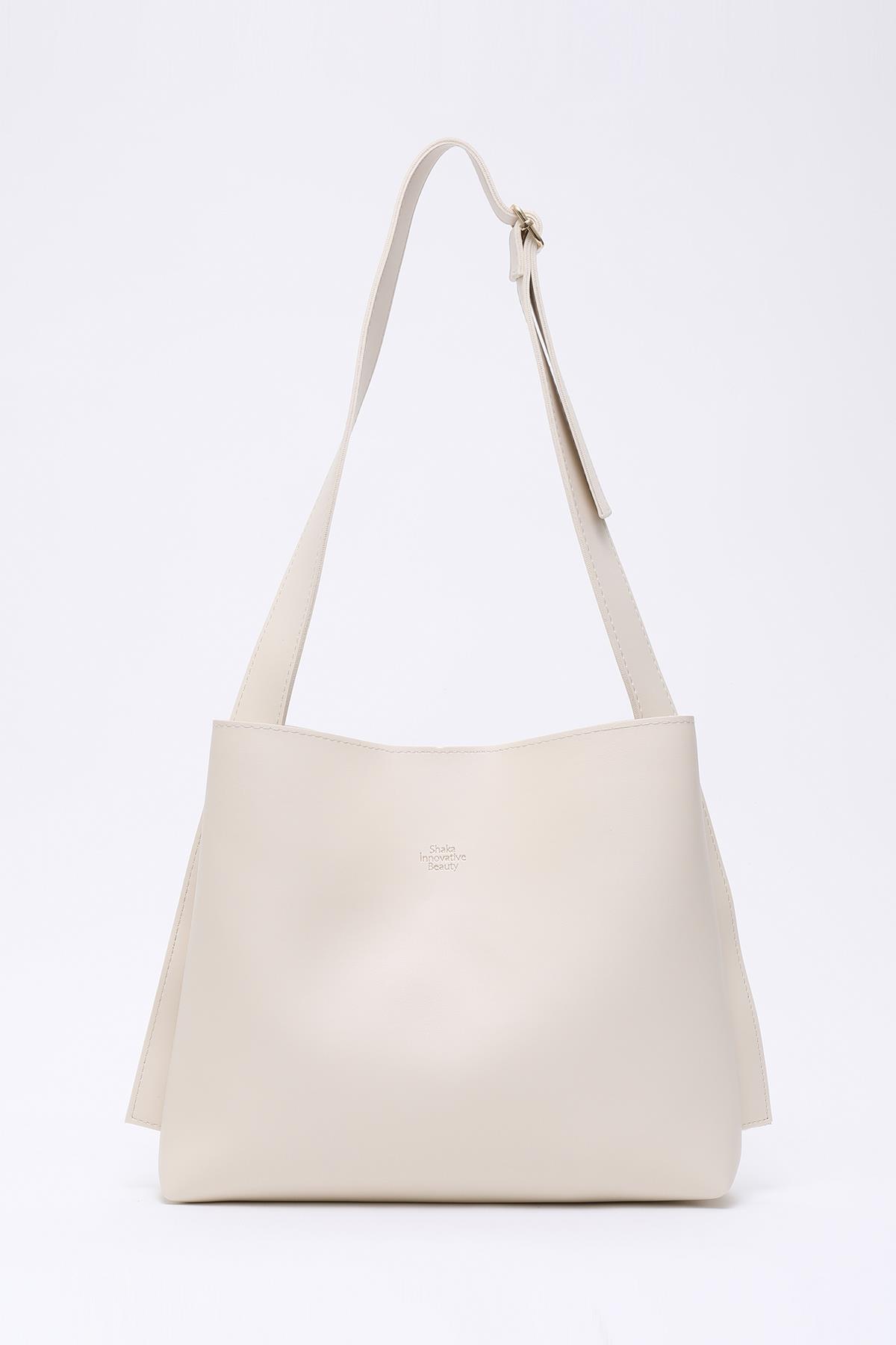 Krem Shk179 Suni Deri, Tek Bölmeli, Çıtçıtlı, Makyaj Çantalı El, Kol ve Omuz Çantası E:33 U:26 G:9 Cm