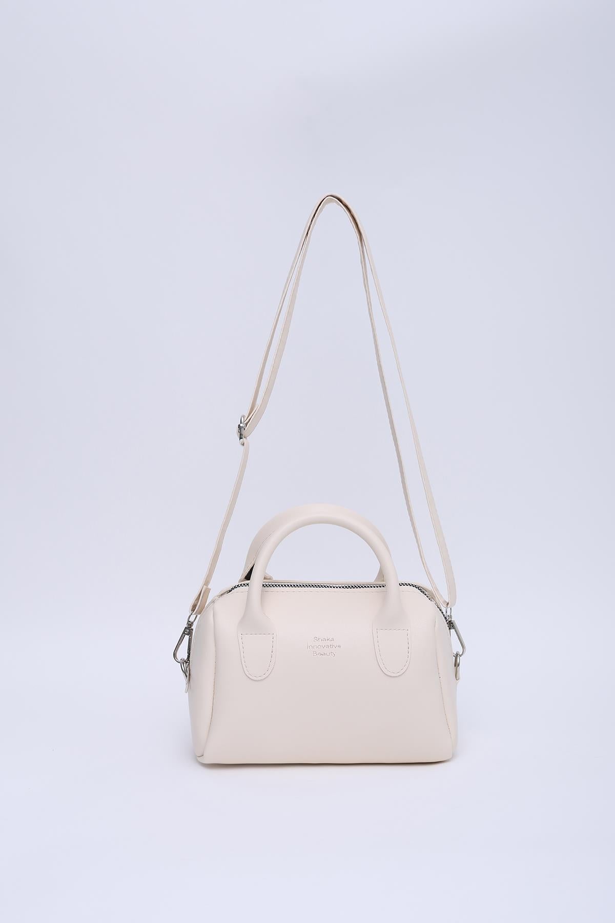 Krem Shk184 Suni Deri Tek Bölmeli Fermuarlı Ayarlanabilir Askılı El, Kol ve Omuz Çantası E:20 U:12 G:10 cm