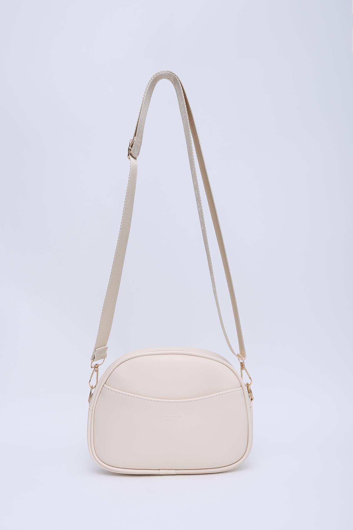 Krem SHK194 Suni Deri 2 Bölmeli Fermuarlı Ayarlanabilir Kolon Askılı Omuz Çantası U:16 E:21 G:6 cm