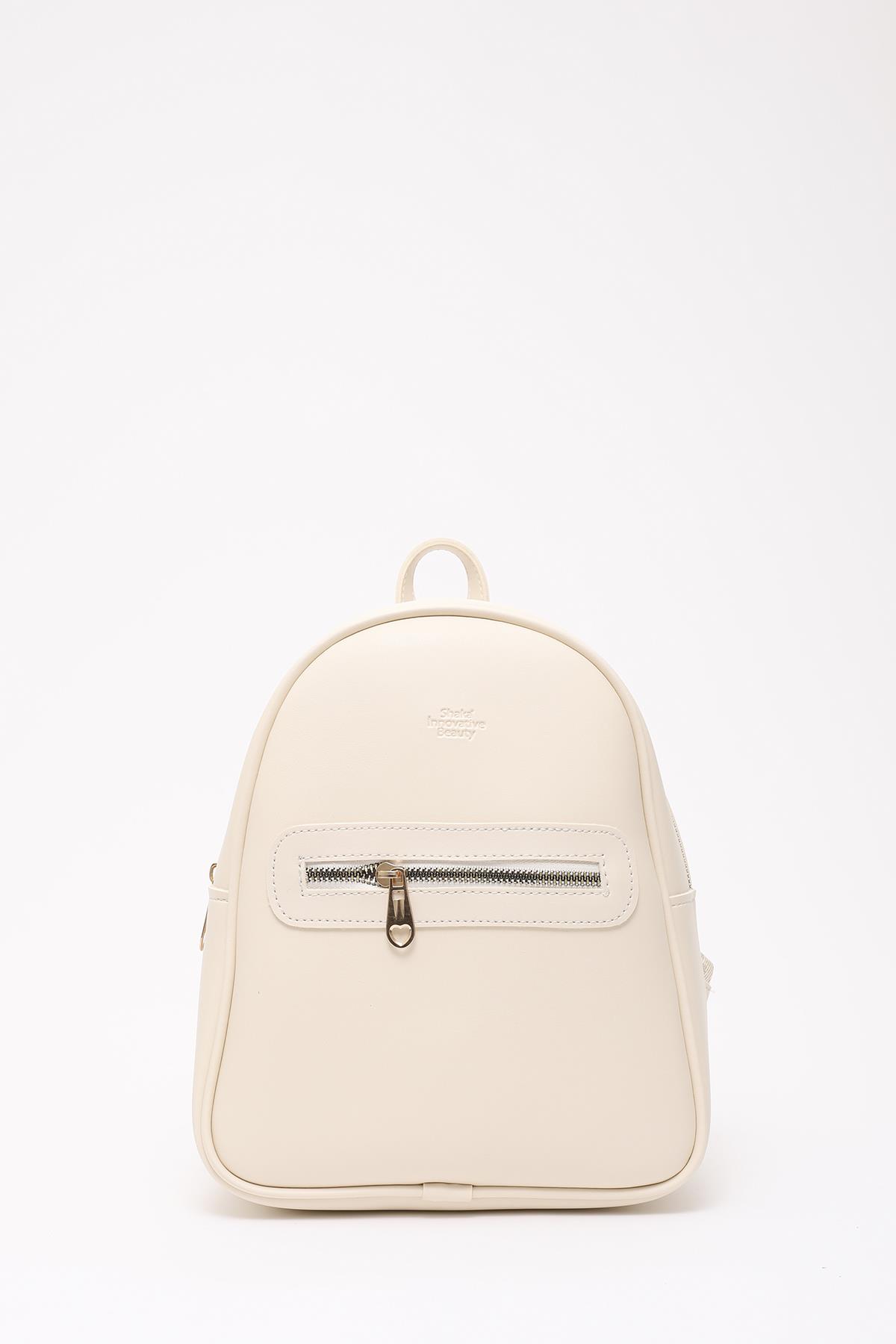 Krem Shk200 Suni Deri 2 Bölmeli Fermuarlı Yazılı Kolon Askılı Sırt Çantası U:26 E:22 G:9 cm
