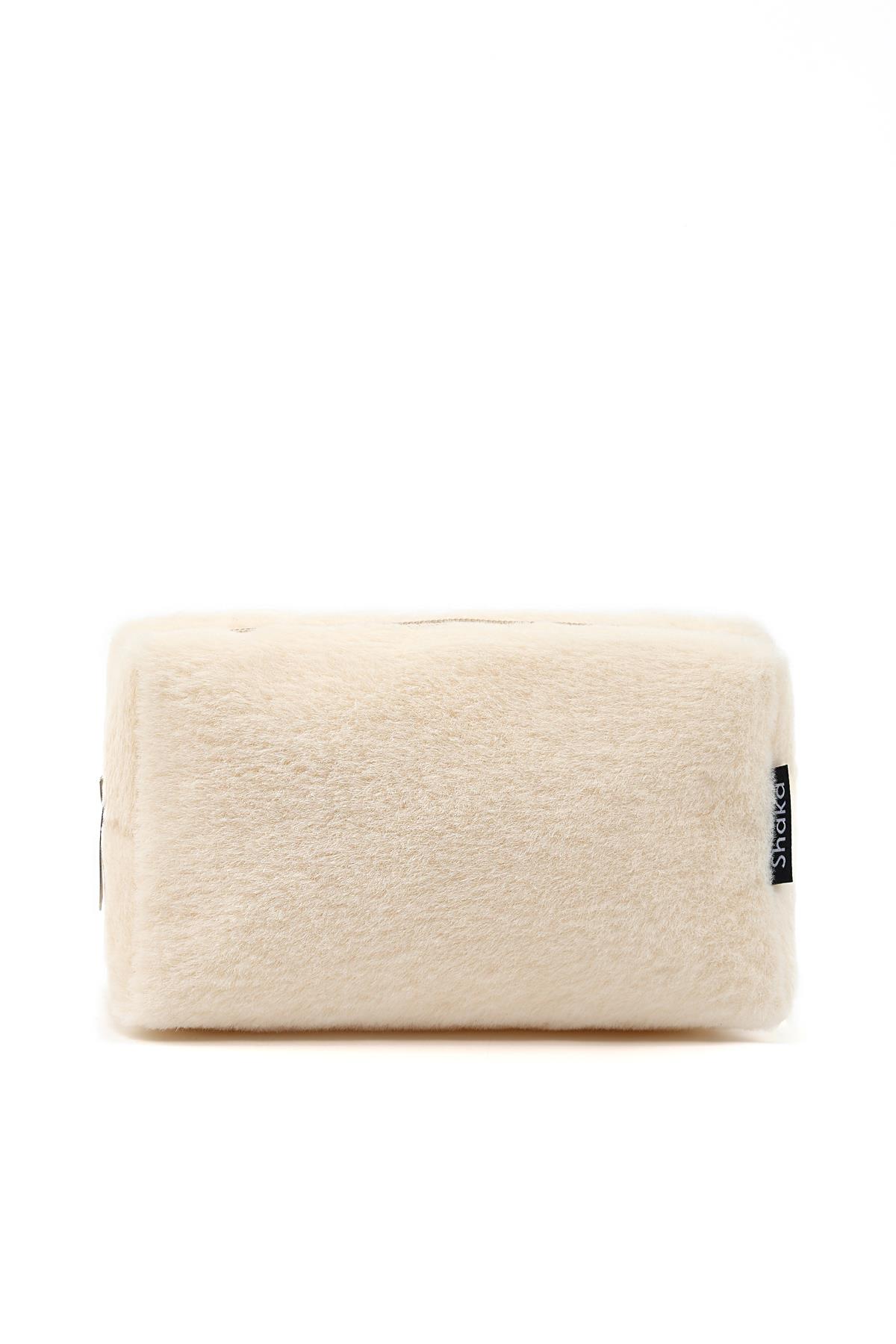 Krem SHK244 Peluş Kumaş ,Fermuarlı Tek Bölmeli ,Seyahat ve Makyaj Çantası