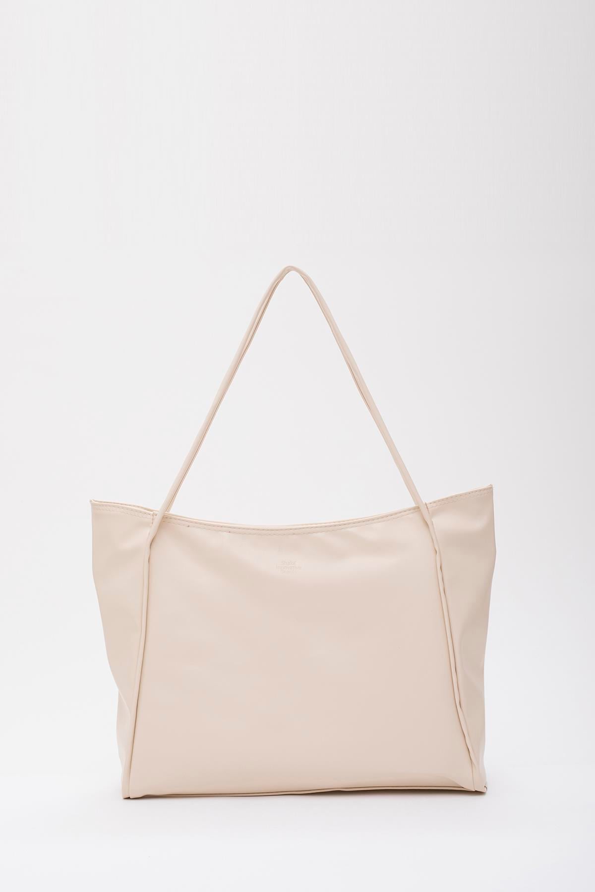 Krem Shk90 Suni Deri İç Bölmeli Fermuarlı El, Kol Ve Omuz Shopper Çanta U:28 E:40 G:9