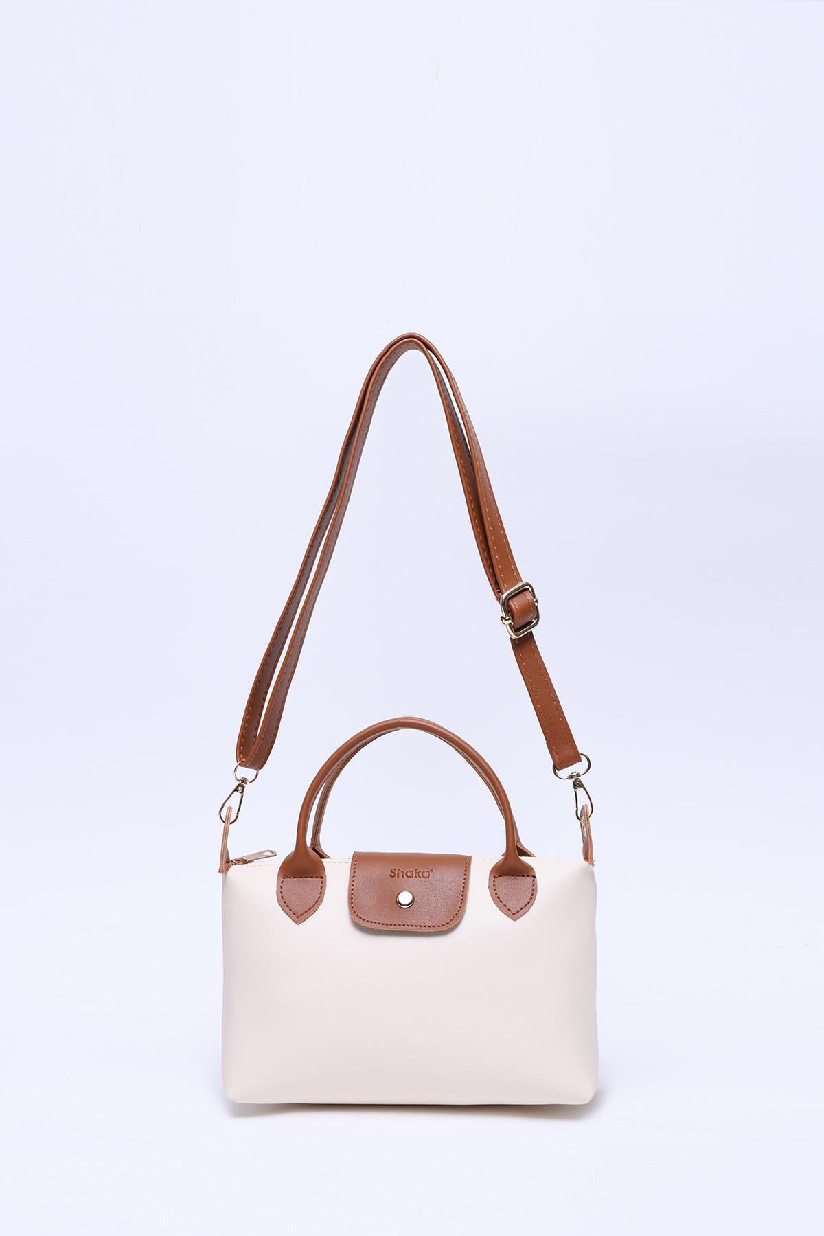 Krem - Taba Shk135 Suni Deri, Tek Bölmeli, Çift Askılı El, Kol ve Çapraz Omuz Çantası