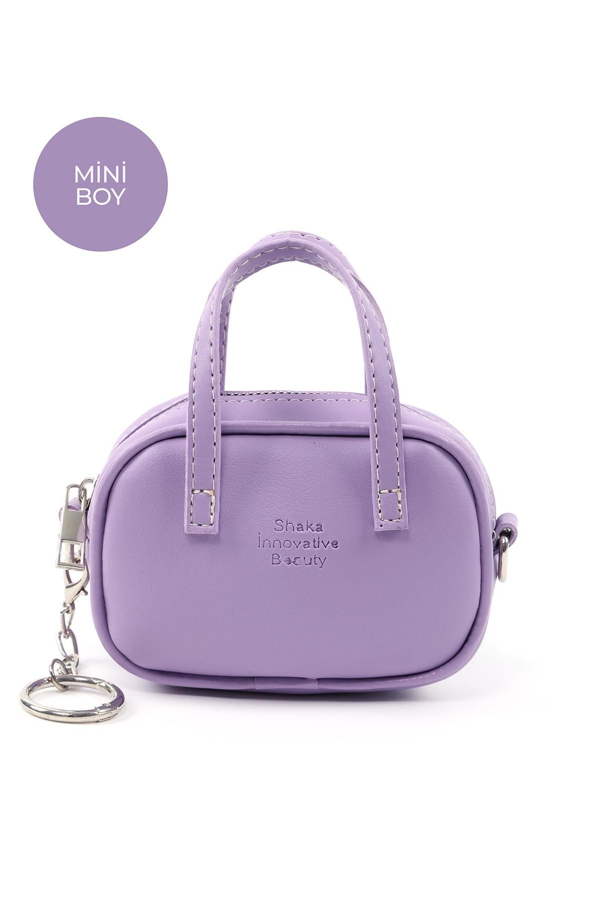 Lila Shk210 Suni Deri Tek Bölmeli Fermuarlı El Çantası Ve Charm Çanta Aksesuarı E:13 U:8 G:5 cm