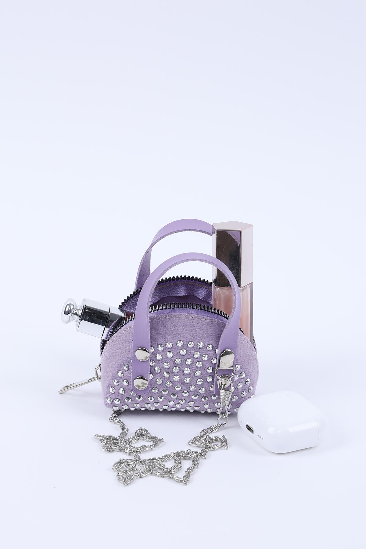 Lila Shk220 Süet Kumaş, Tek Bölmeli, Zincir Askılı,Fermuarlı, Taşlı, Mini El Ve Omuz Çantası