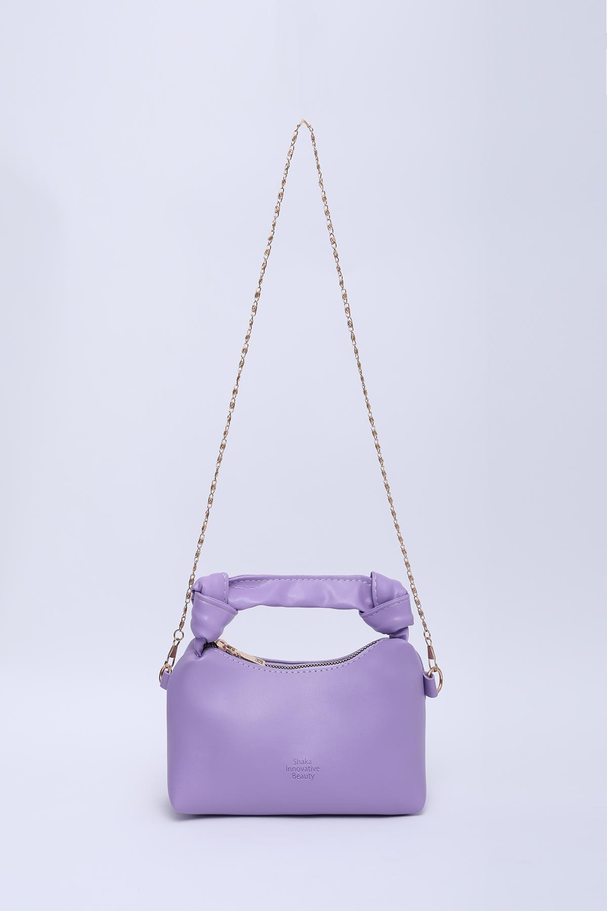 Lila Shk24 Orjinal Soft Deri Düğüm Detaylı Zincir Askılı El ve Omuz Çantası U:14 E:22 G:8 cm