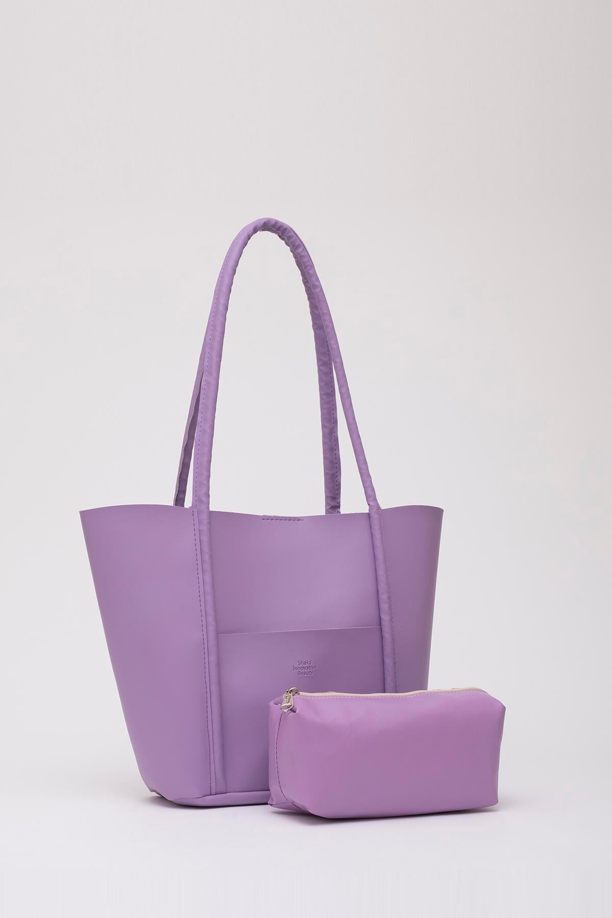 Lila Shk80 Önü Cepli Çıtçıtlı Makyaj Çantalı Suni Deri Büyük Boy Kol ve Omuz Çantası U:26 E:40 G:8 cm