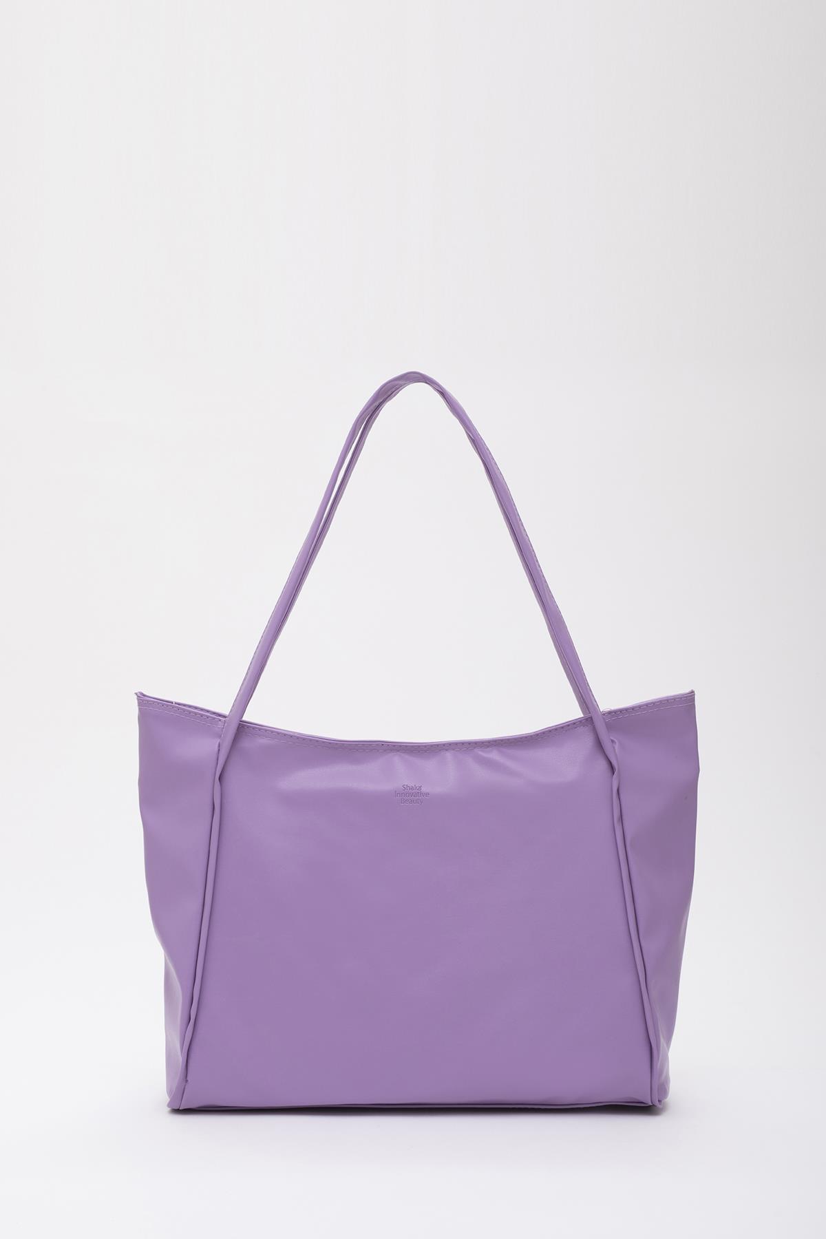 Lila Shk90 Suni Deri İç Bölmeli Fermuarlı El, Kol Ve Omuz Shopper Çanta U:28 E:40 G:9