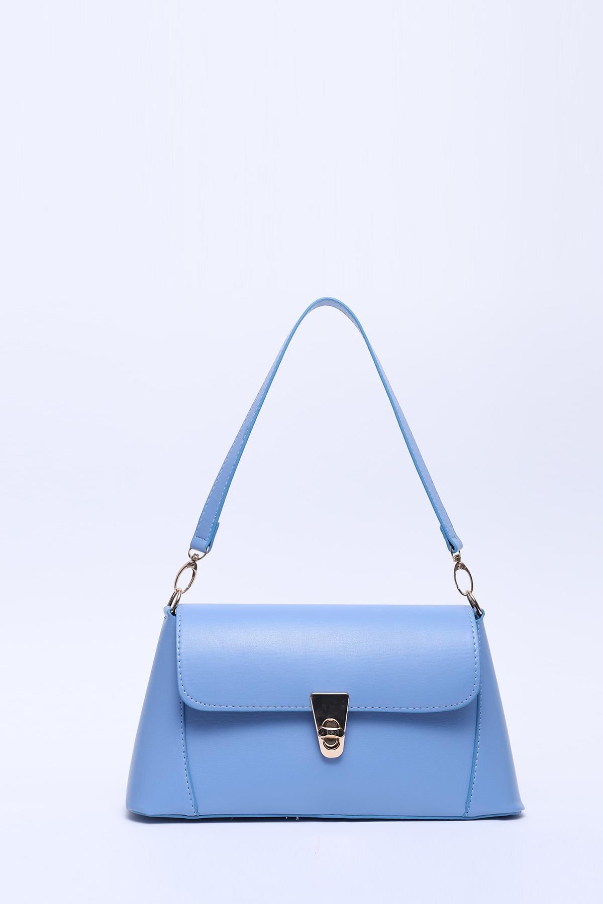 Mavi Shk153 Suni Deri Kilit Detaylı Standart Askılı Tek Bölmeli El, Kol ve Omuz Çantası U:15 E:29 G:9 cm