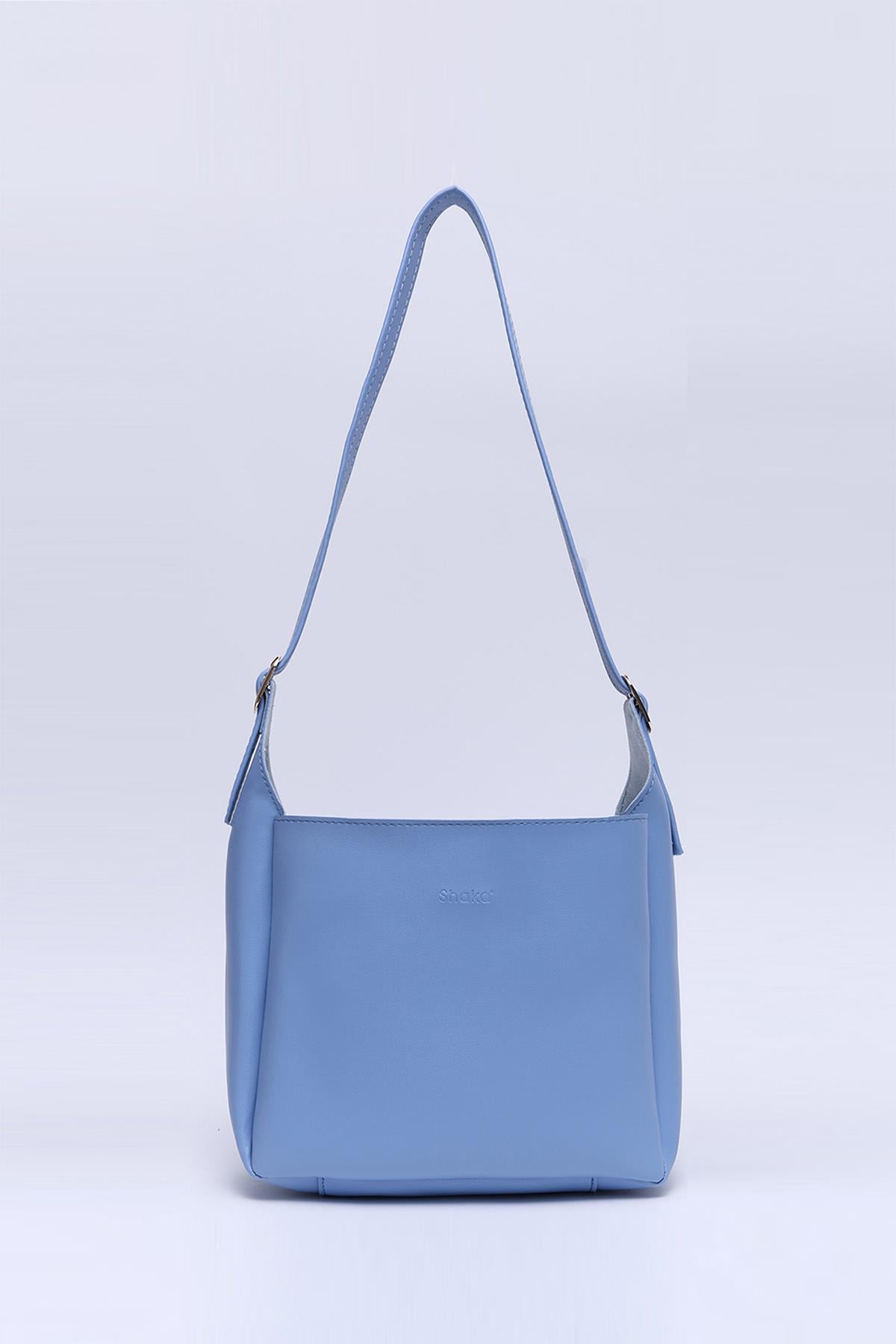 Mavi Shk158 Suni Deri Tek Bölmeli Askılı Çıtçıtlı Çapraz Kol ve Omuz Çantası U:19 E:22 G:9 cm