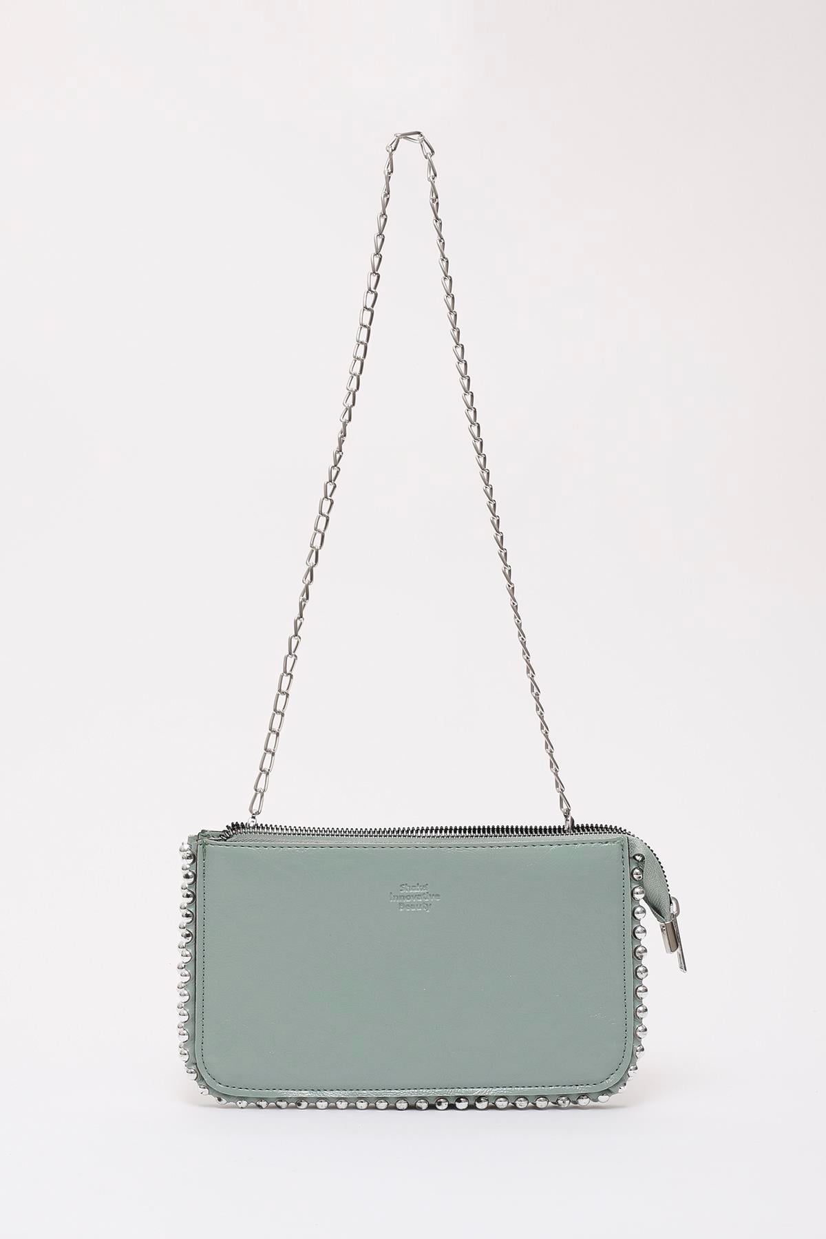 Mint Yeşil Shk182 Suni Deri 3 Bölmeli Boncuk Detaylı Fermuarlı Zincir Askılı El, Kol ve Omuz Çantası E:23 B:14 Cm