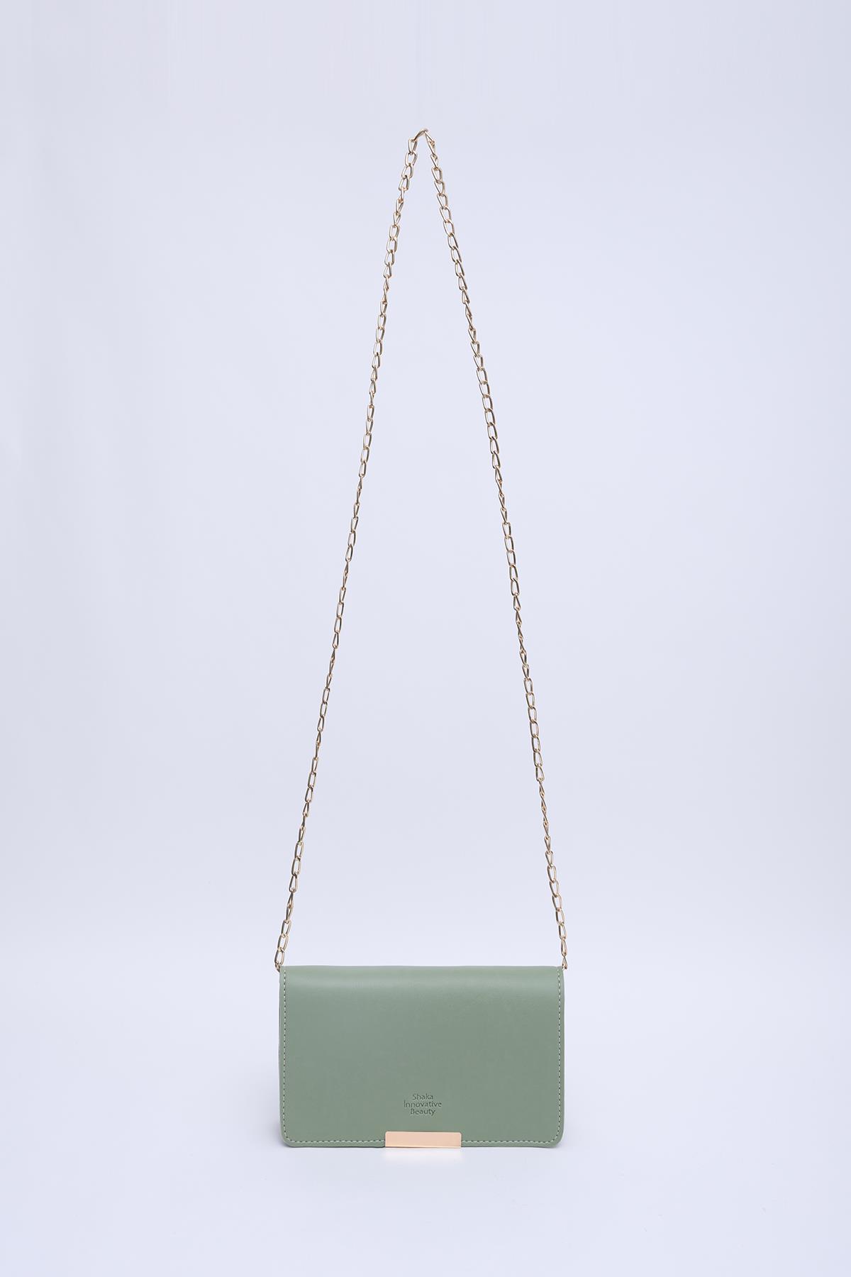 Mint Yeşil SHK186 Suni Deri Tek Bölmeli Çıtçıtlı  Zincir Askılı El , Kol ve Omuz Çantası E:19 U:10 G:4 cm